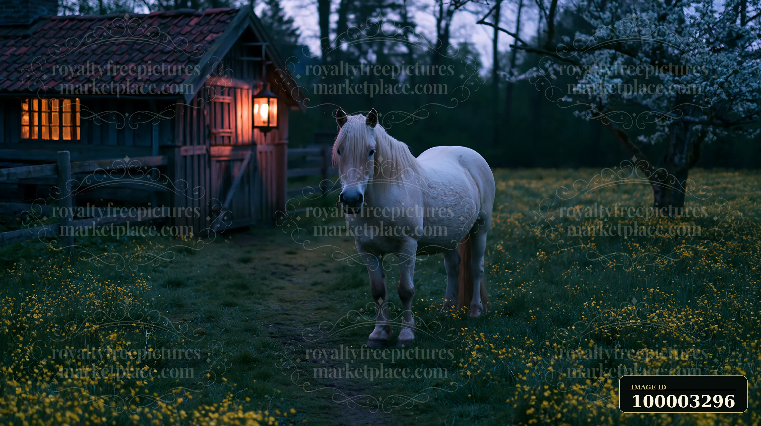 A white horse stands beside a stable with glowing lanterns as dusk falls.