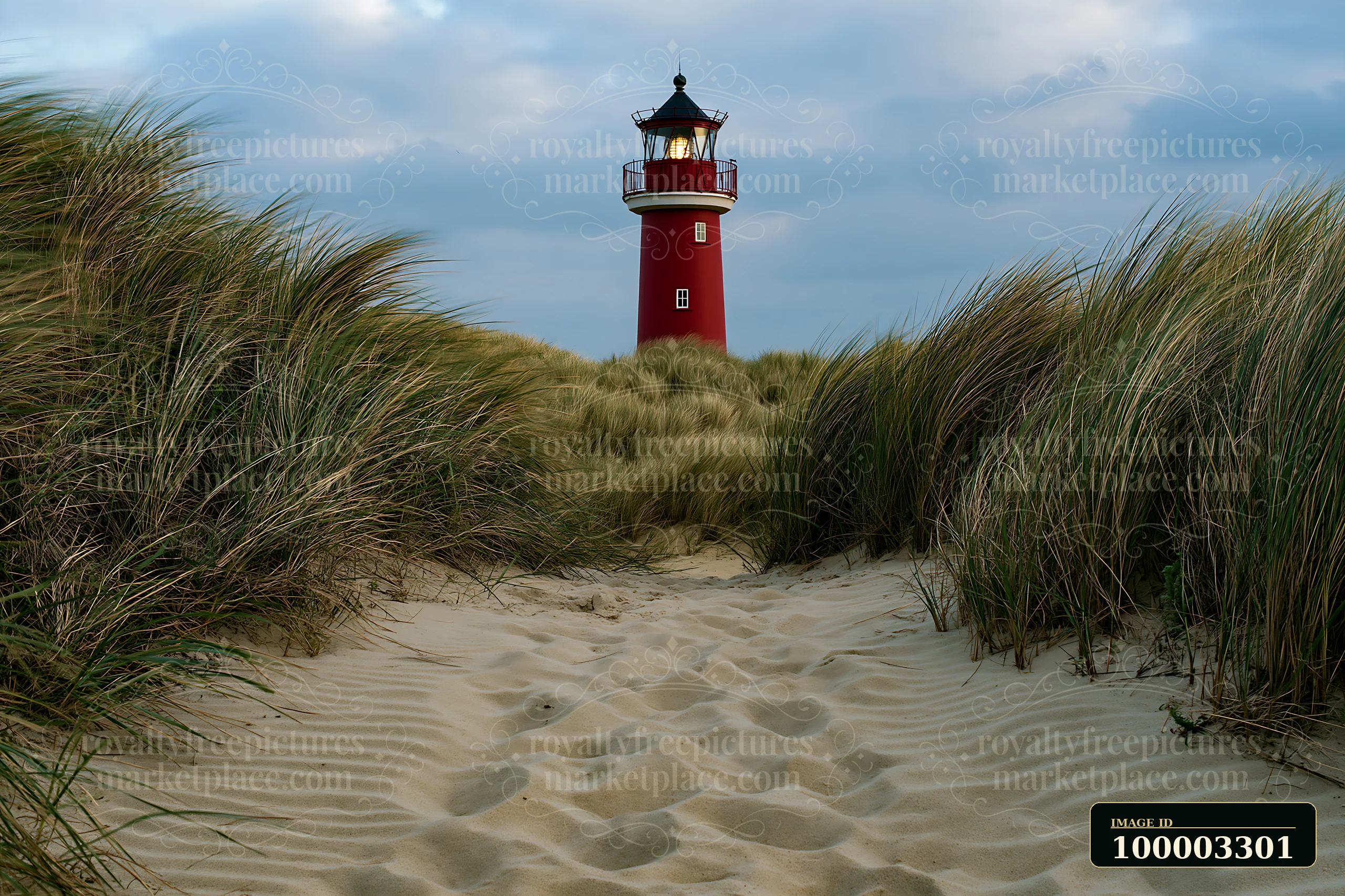 A lighthouse framed by coastal dunes stands tall against a cloudy sky.