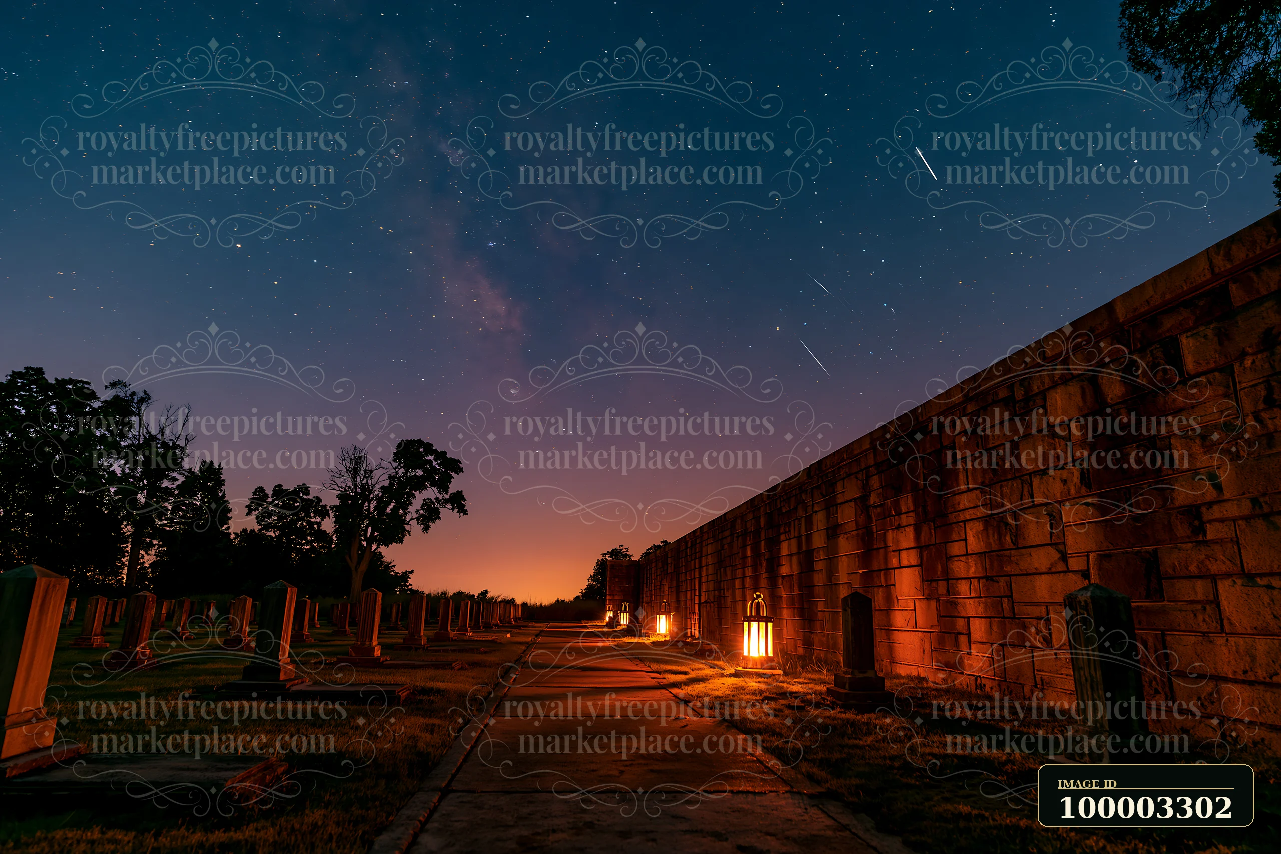 A view of a soldiers' cemetery at night, featuring stars and shooting stars in the sky.