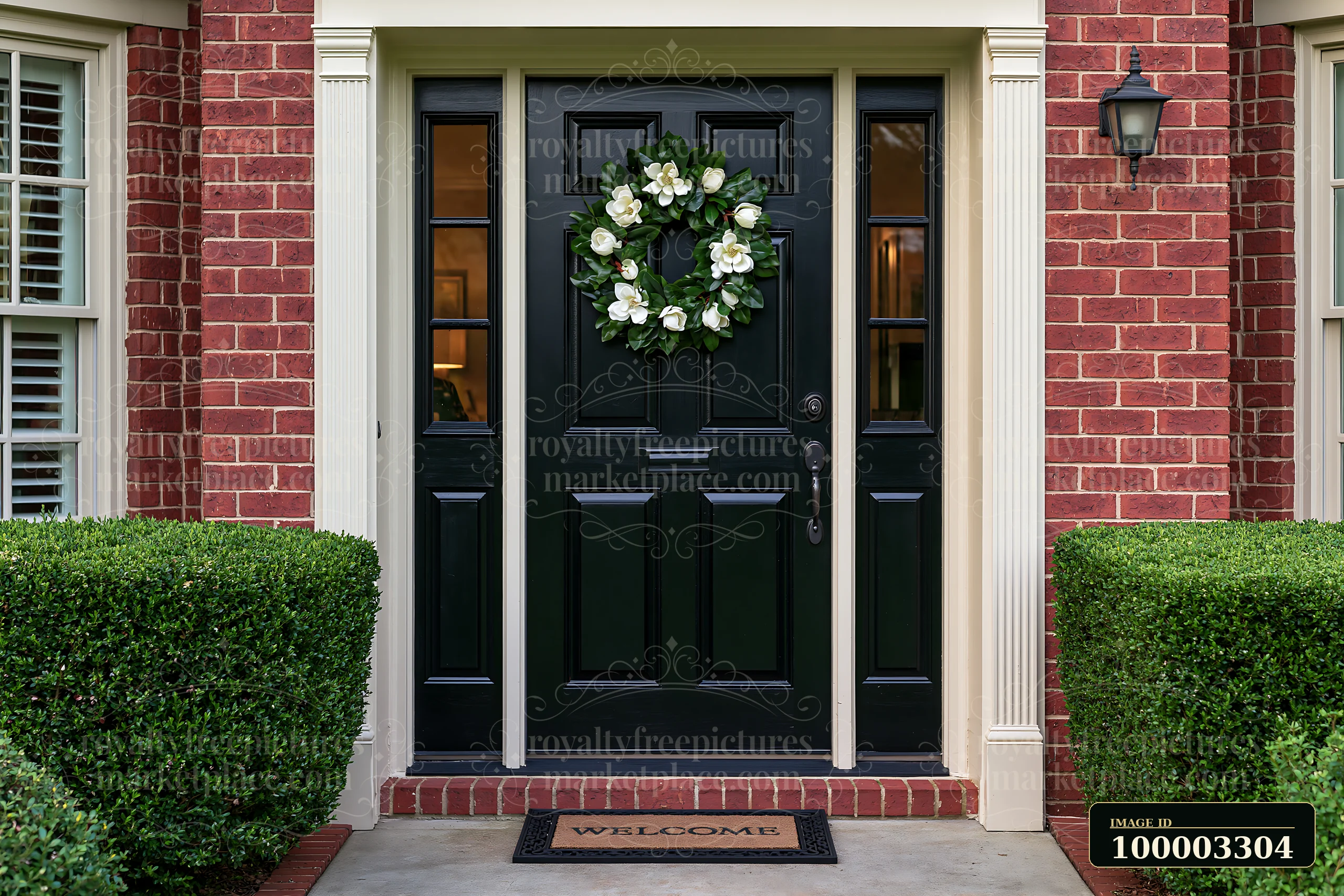 A black front door with a wreath surrounded by green bushes and a welcome doormat at a house entrance.