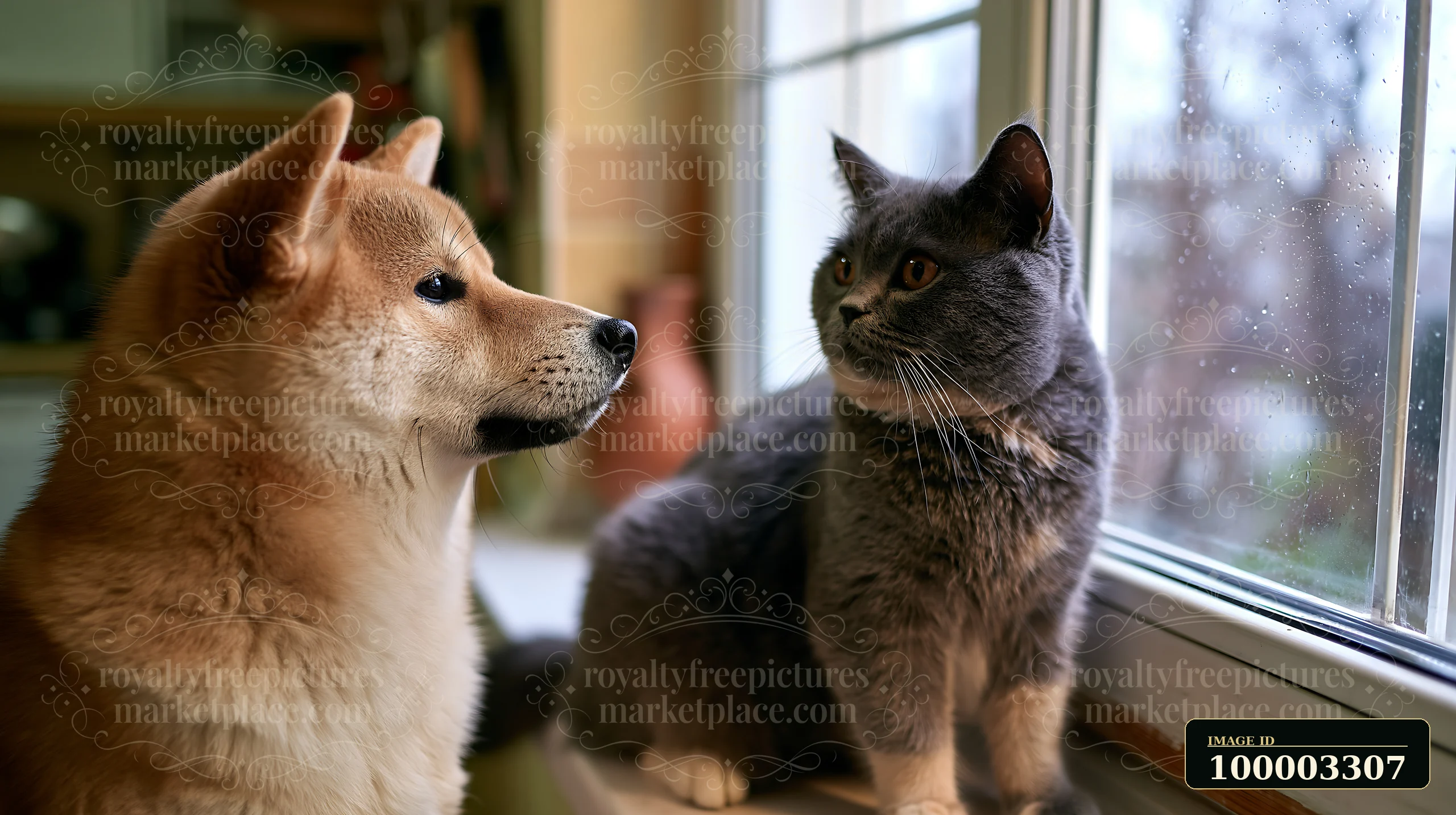 A Shiba Inu with a cat at home enjoys the indoor space near a window.