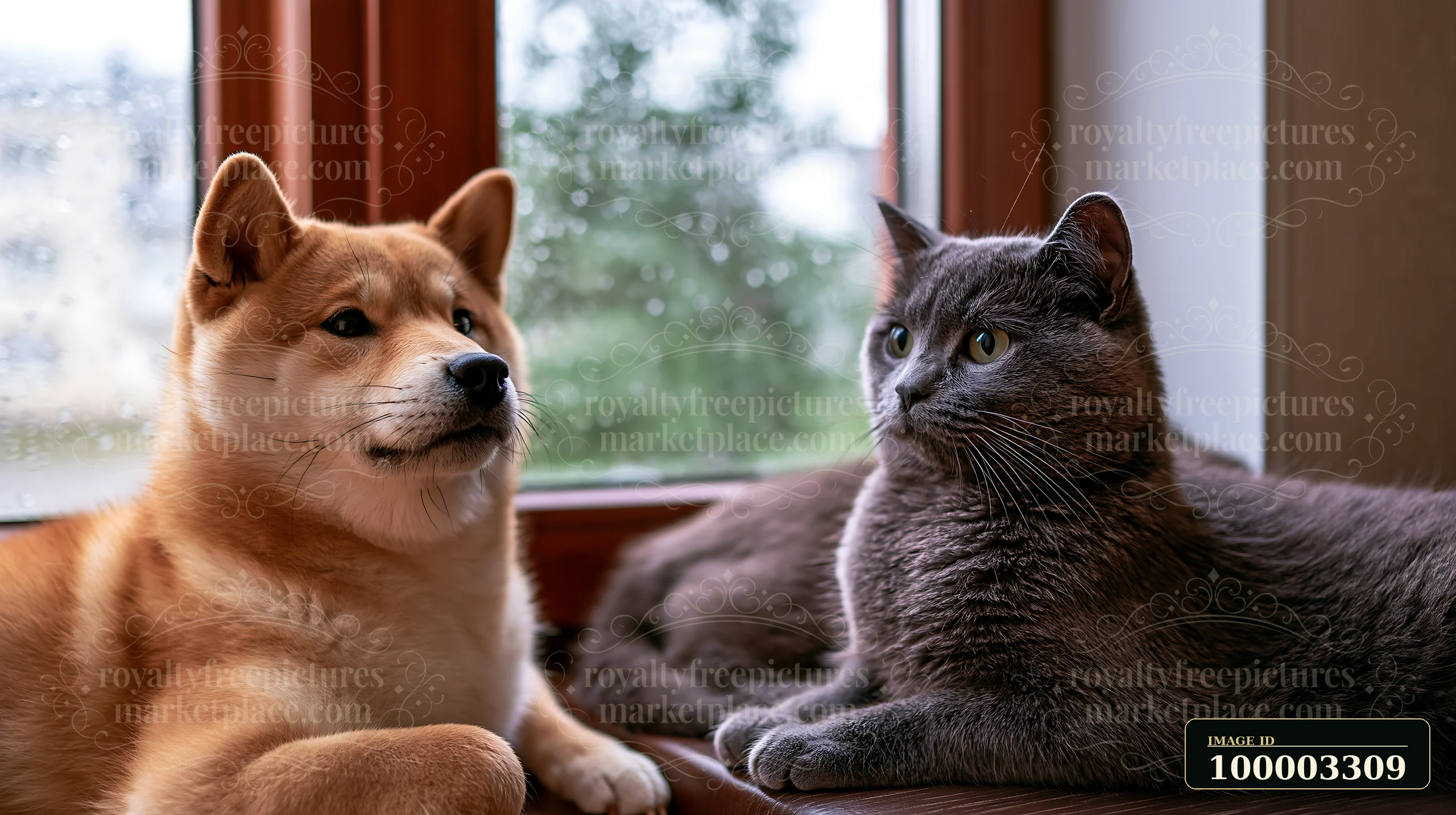 A Shiba Inu sits next to a cat by a window with rain outside.