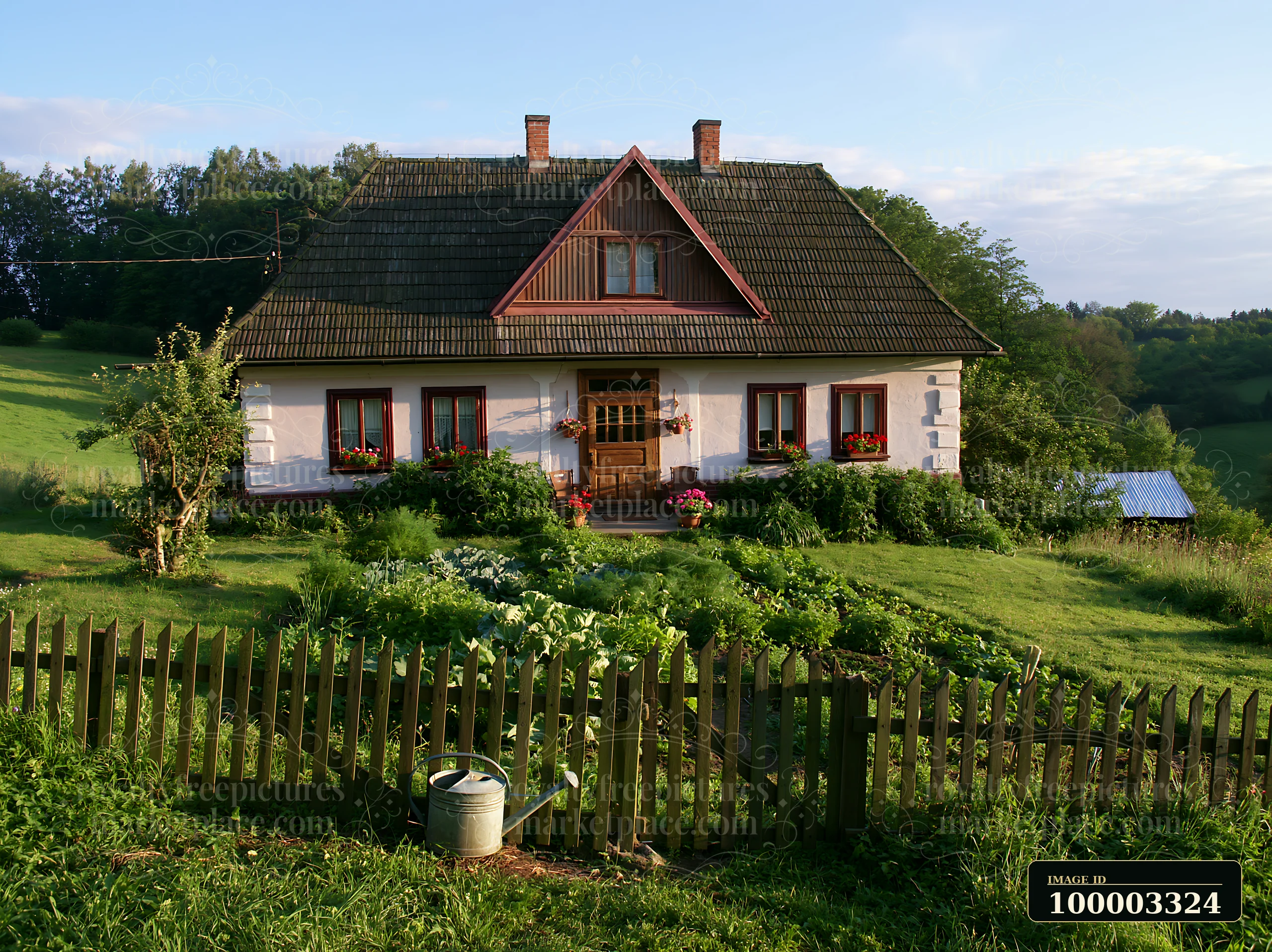 A farmhouse stands surrounded by green fields with a garden in front.