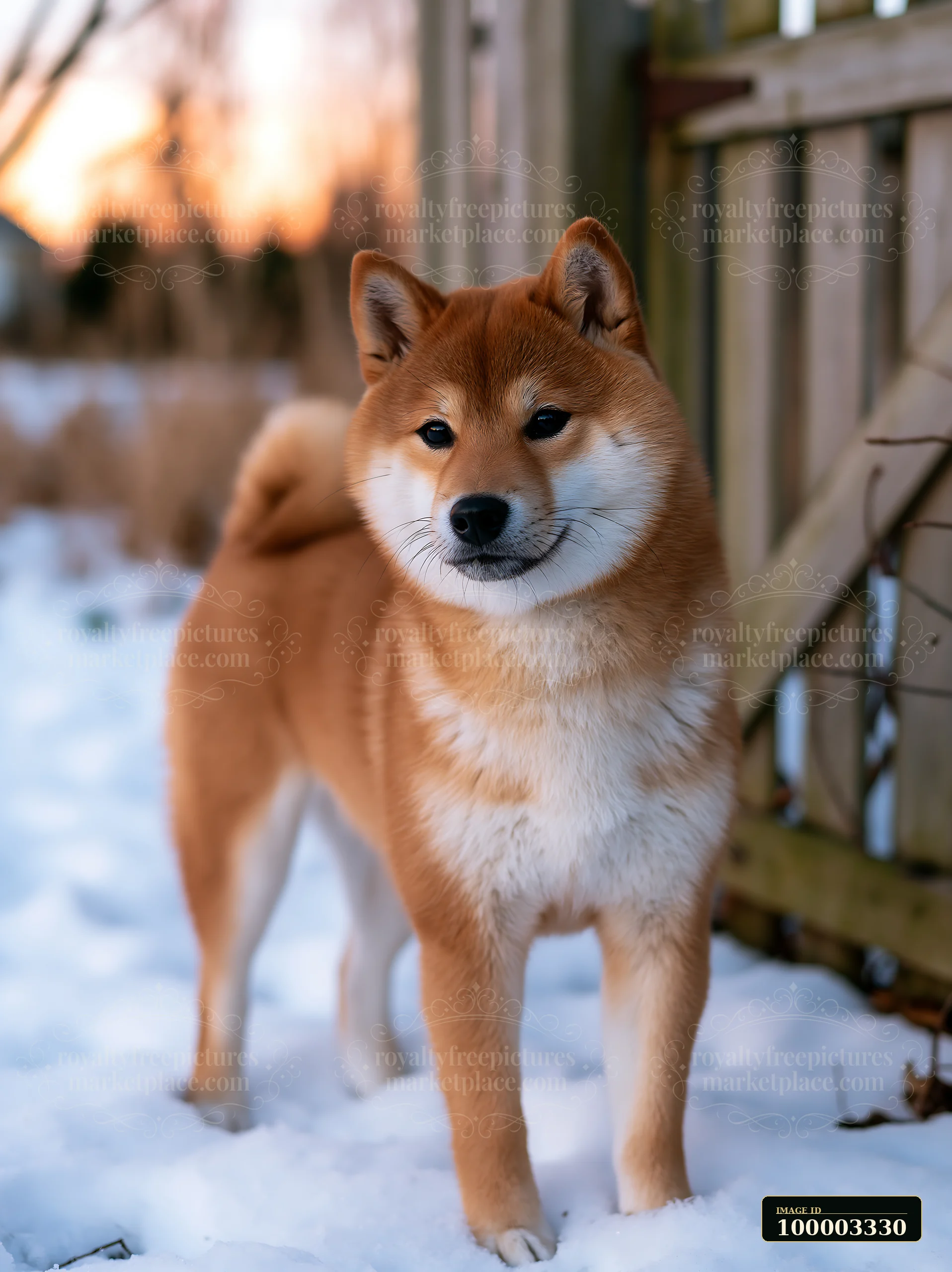 A Shiba Inu stands in a snowy meadow with a wooden fence in the background during sunset.
