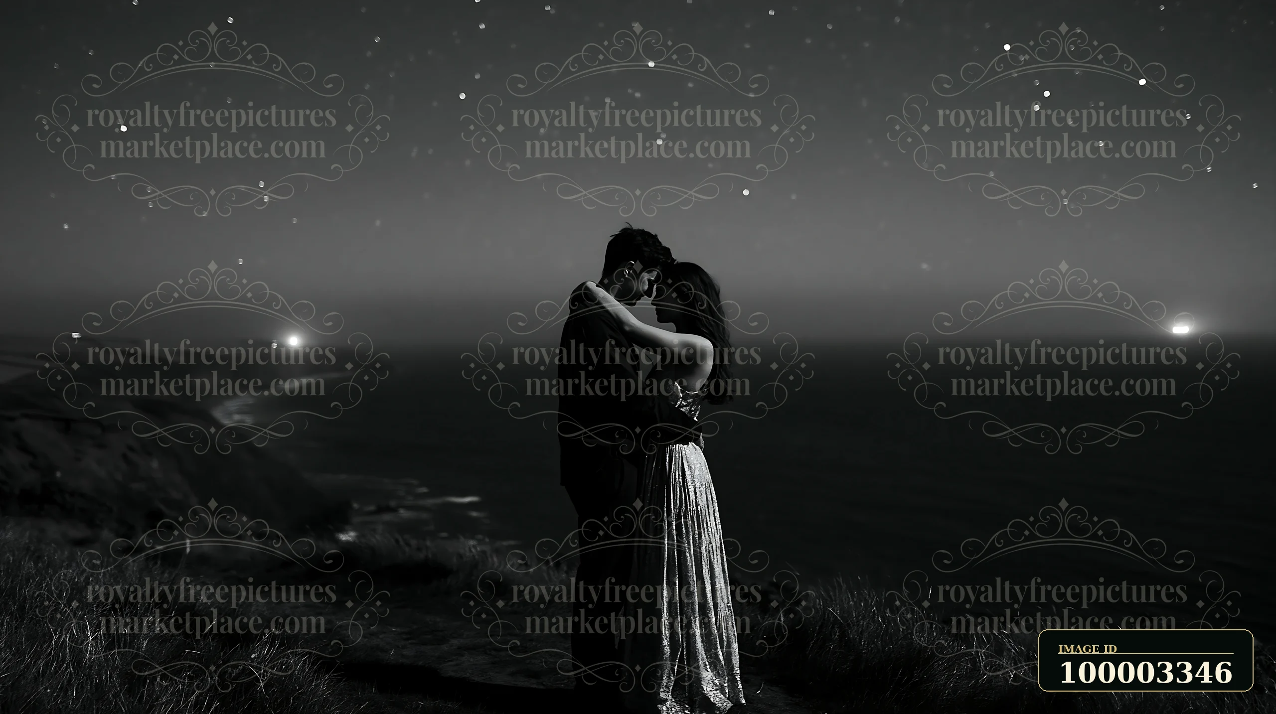 A couple embracing under a starry sky stands on a cliff overlooking the ocean.