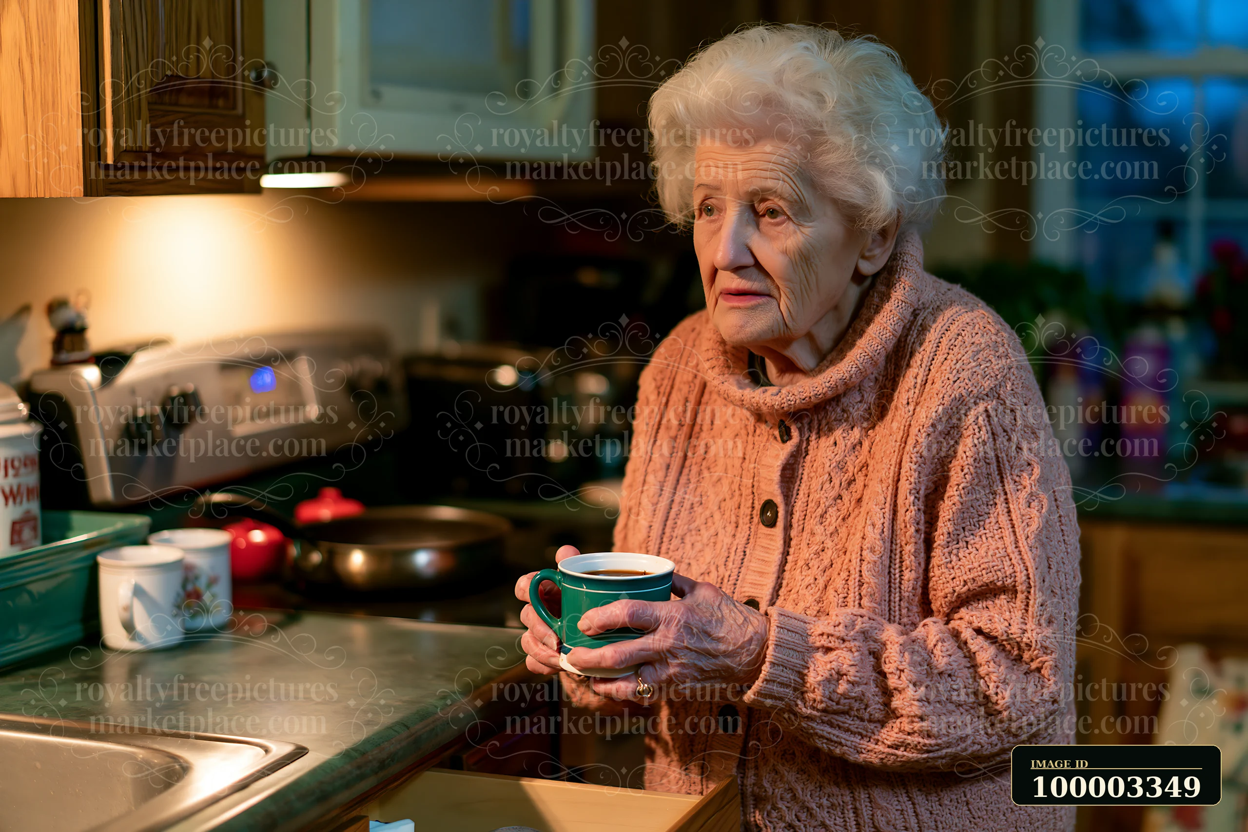 An elderly woman with Alzheimer's holding a cup of coffee stands in a kitchen during the evening.