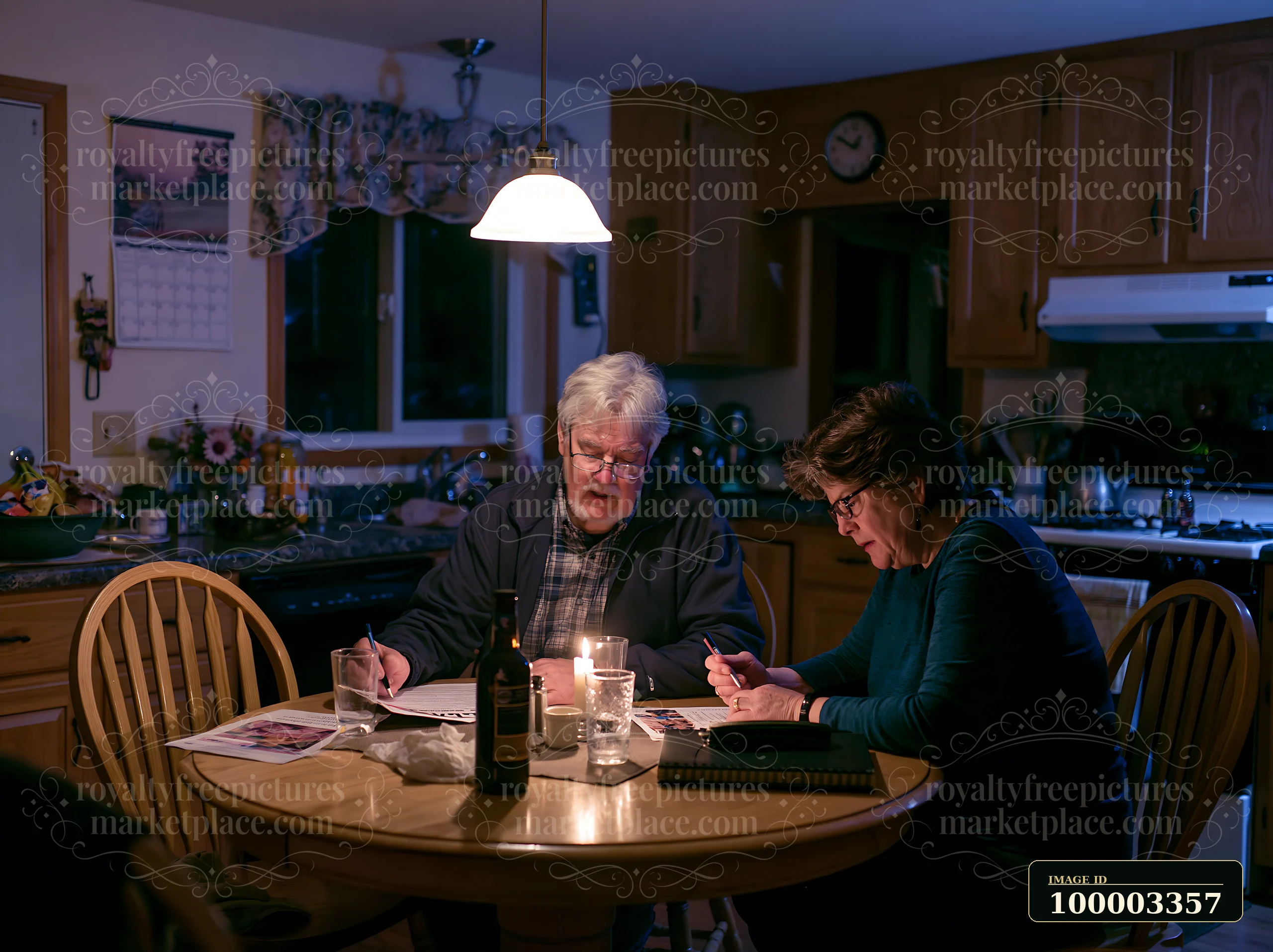 Two parents sit in their kitchen at night, focused on a missing child notice.