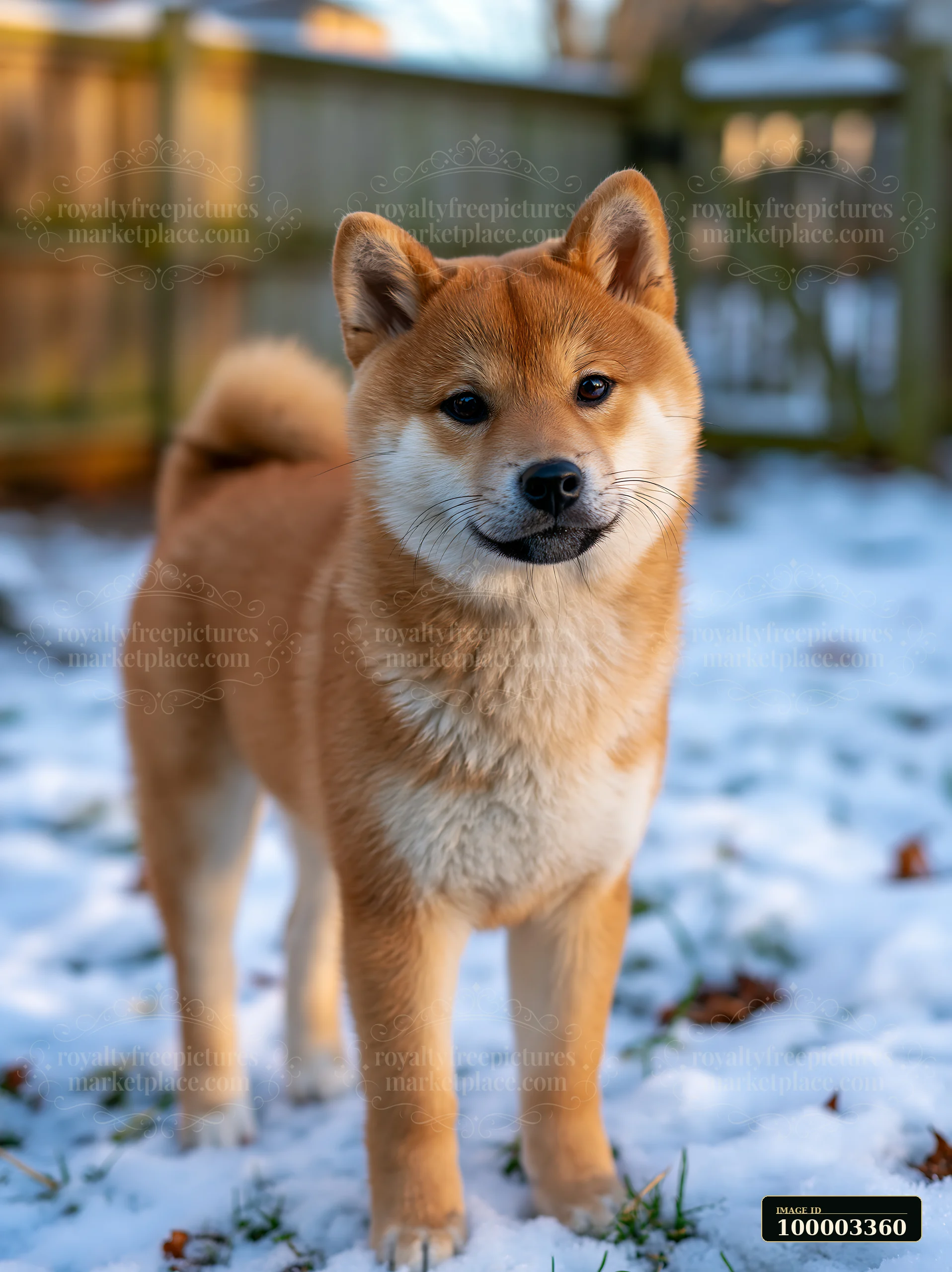 A Shiba Inu standing in a snowy meadow with soft sunlight.