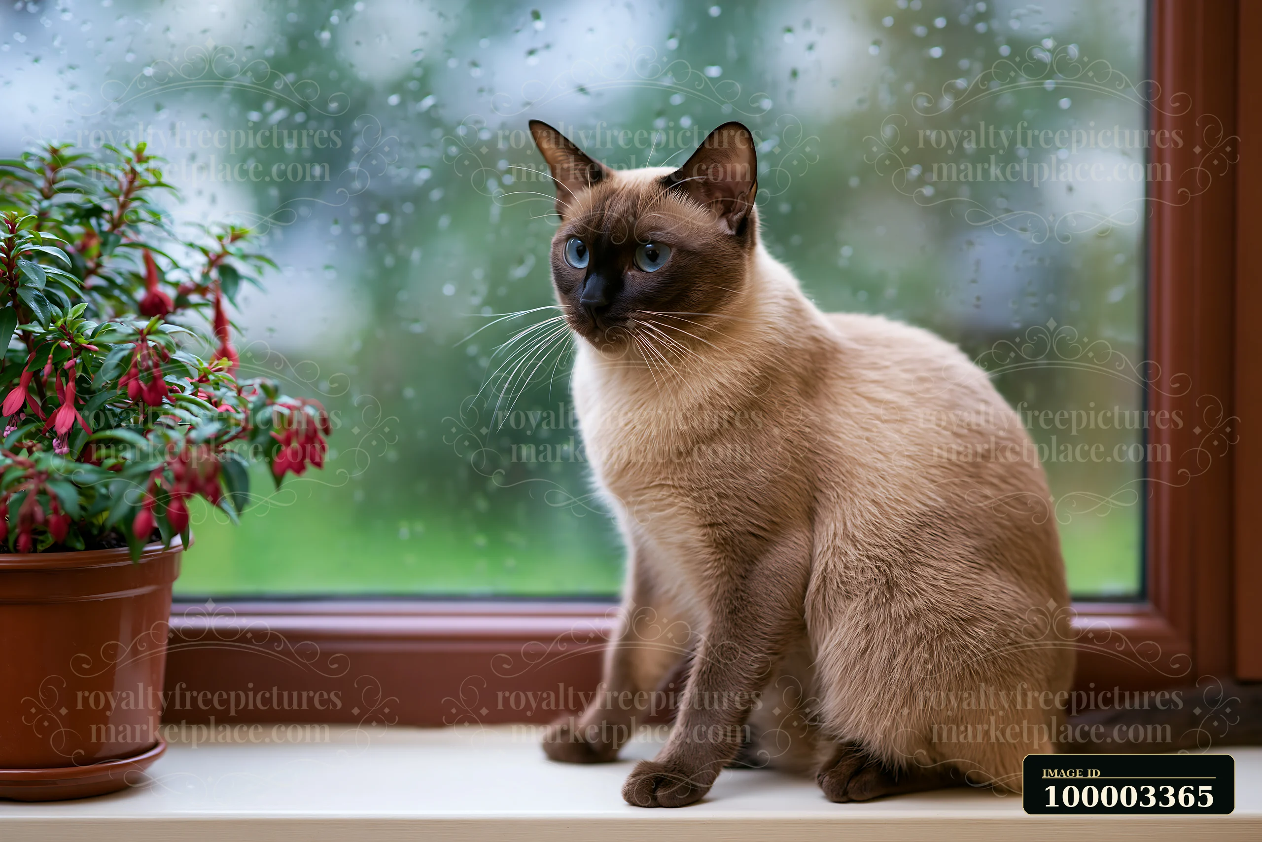A Tonkinese cat sits quietly by a window during rainy weather, looking outside.