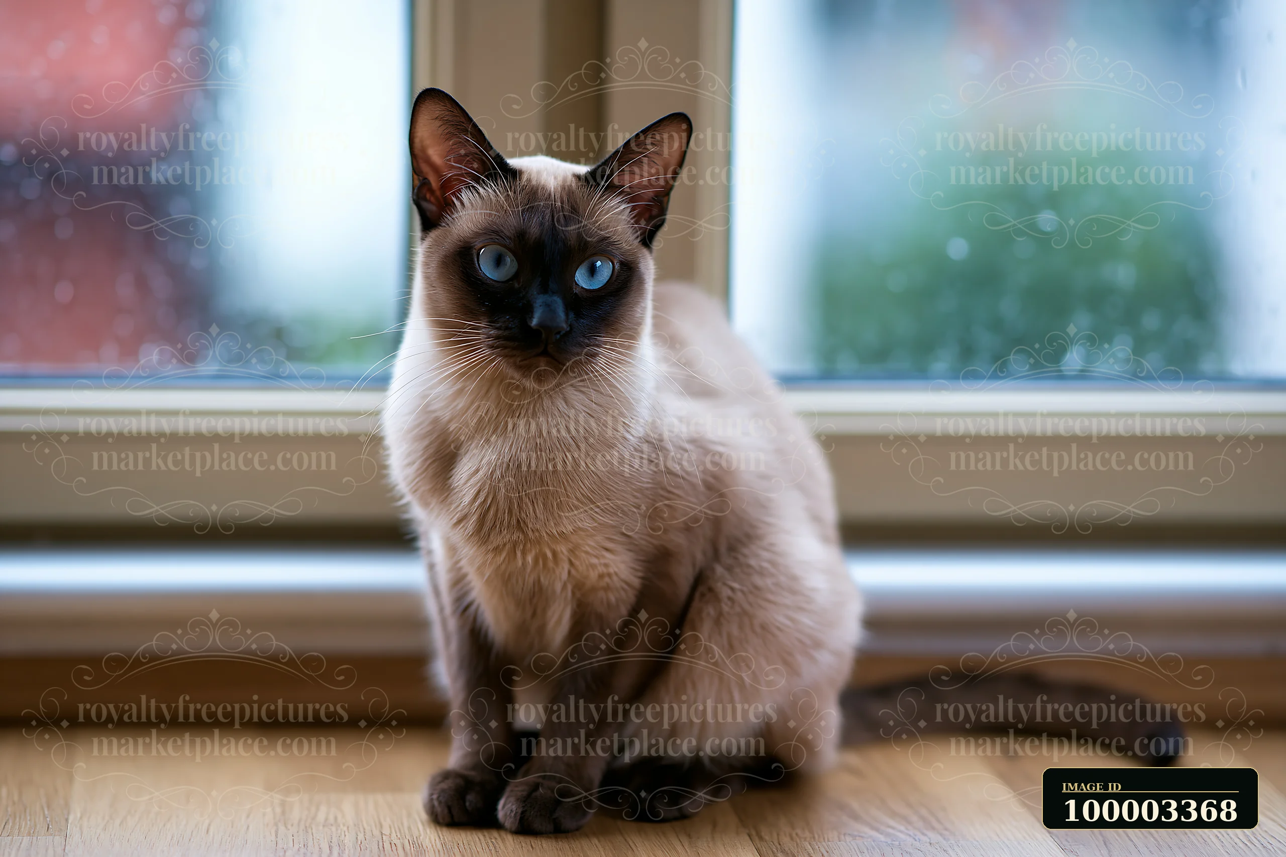 A Tonkinese cat with striking blue eyes sits on a wooden floor by a window.