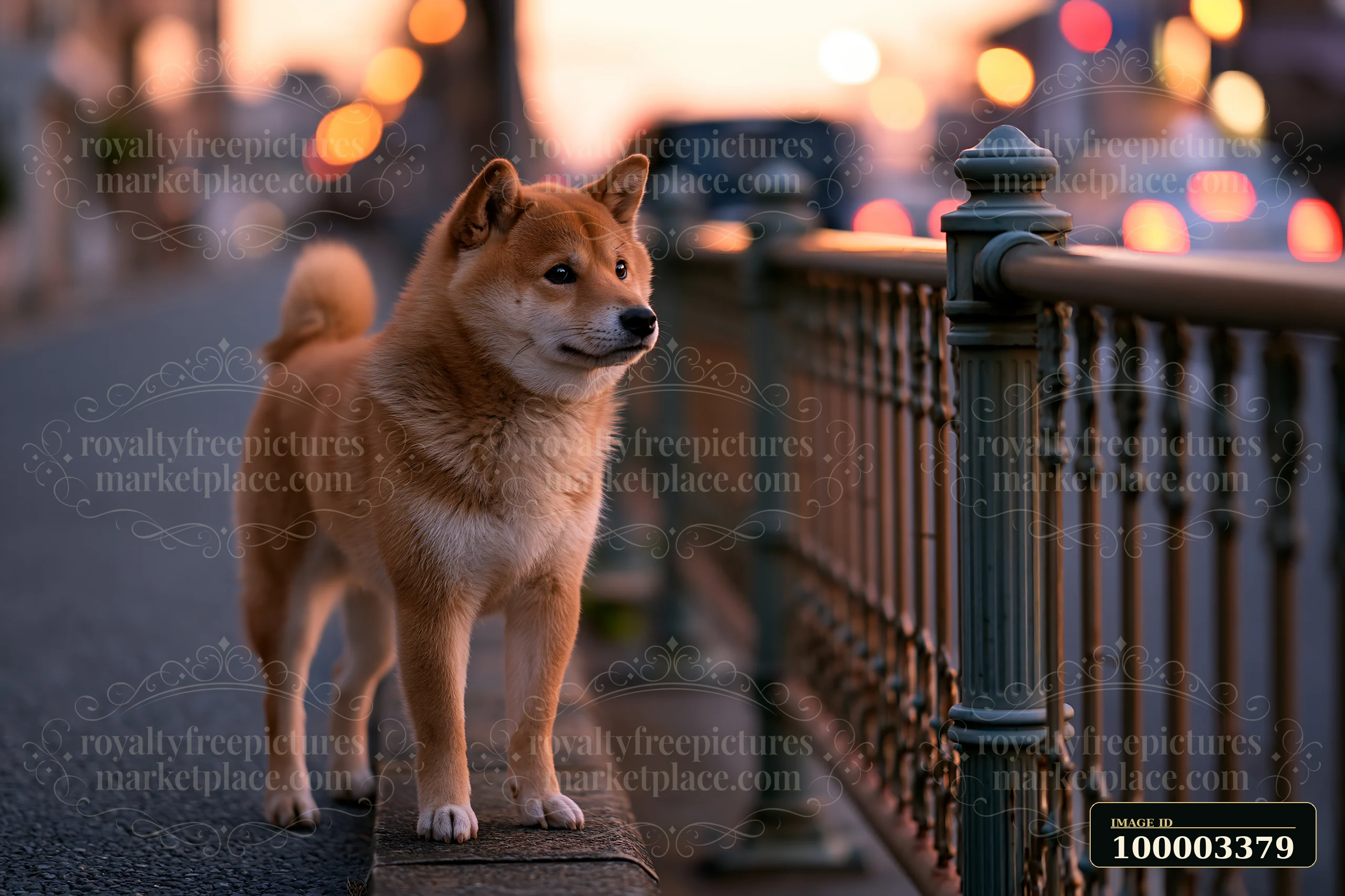 A Shiba Inu standing on a sidewalk beside a street during sunset.