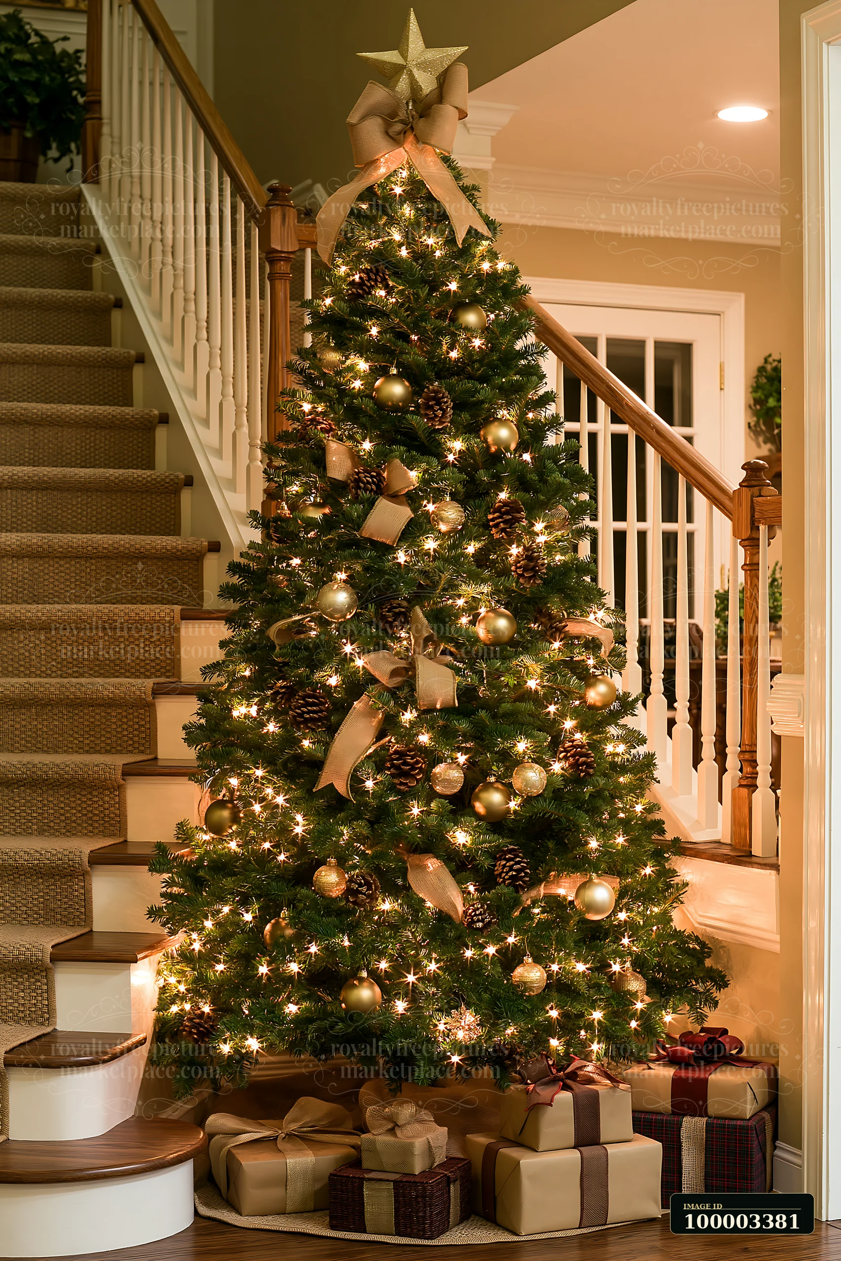 A Christmas tree decorated with burlap stands next to a staircase.