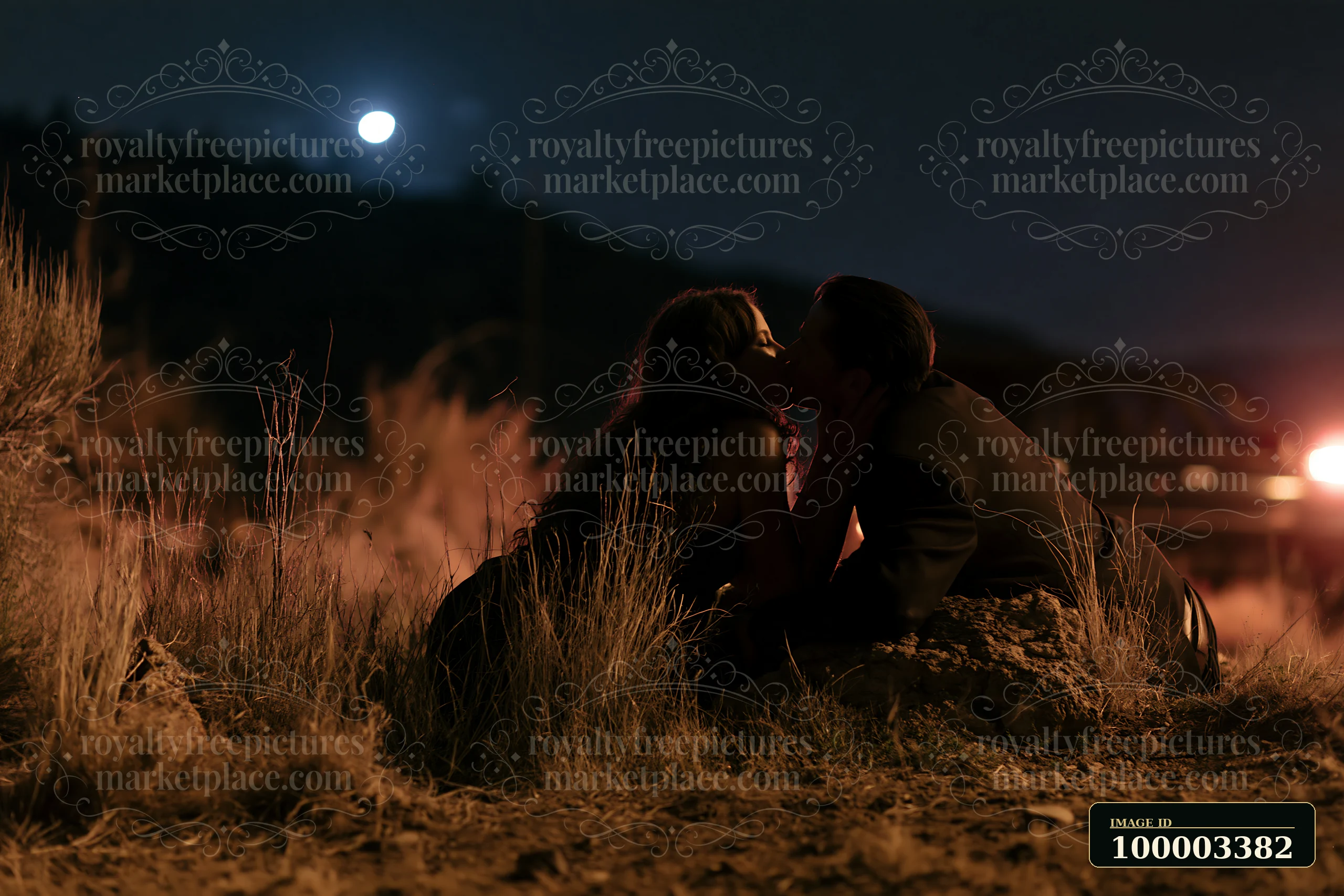 A couple is kissing on a mountain overlook at night under the bright light of a full moon.