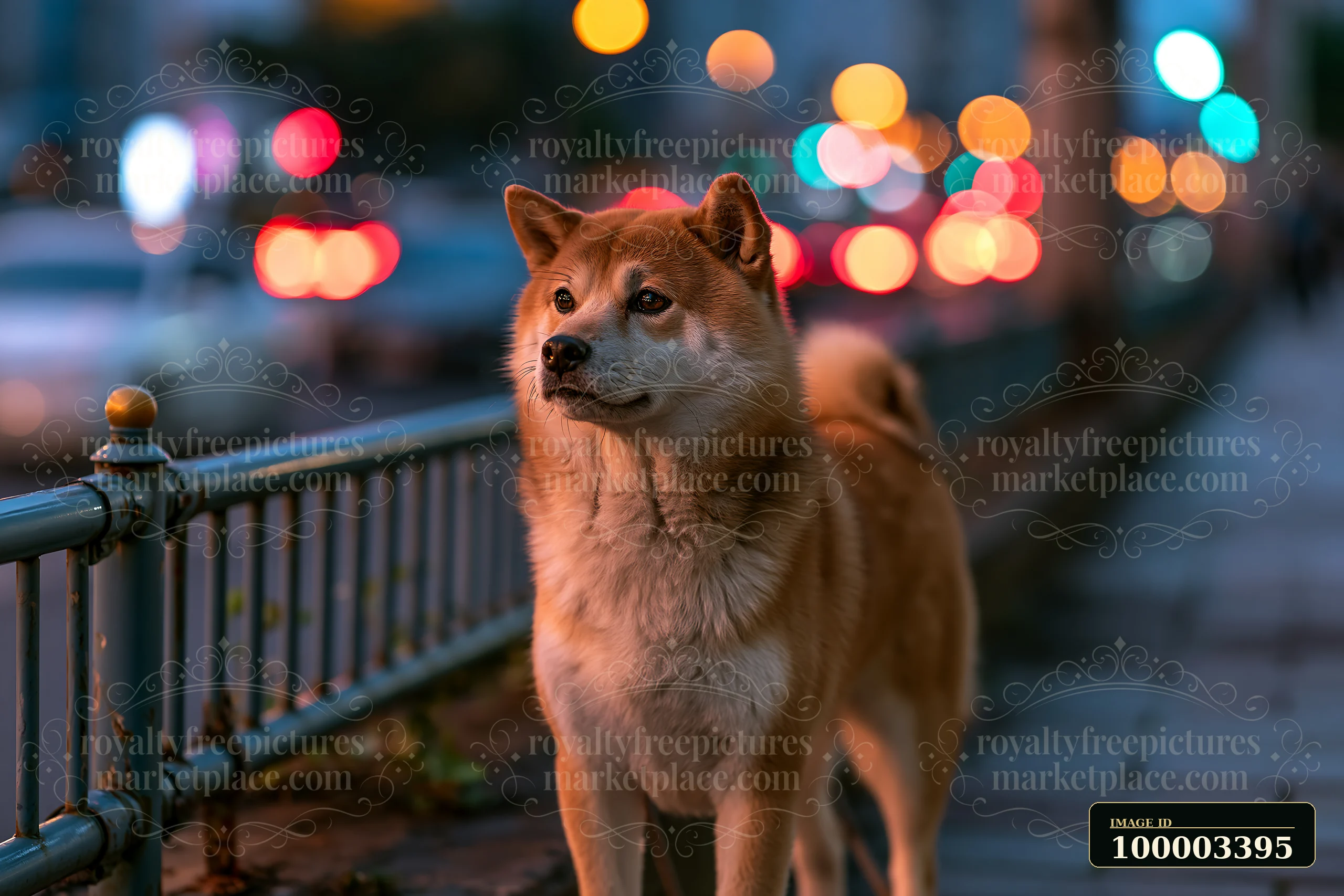A Shiba Inu stands on a city sidewalk during the evening.