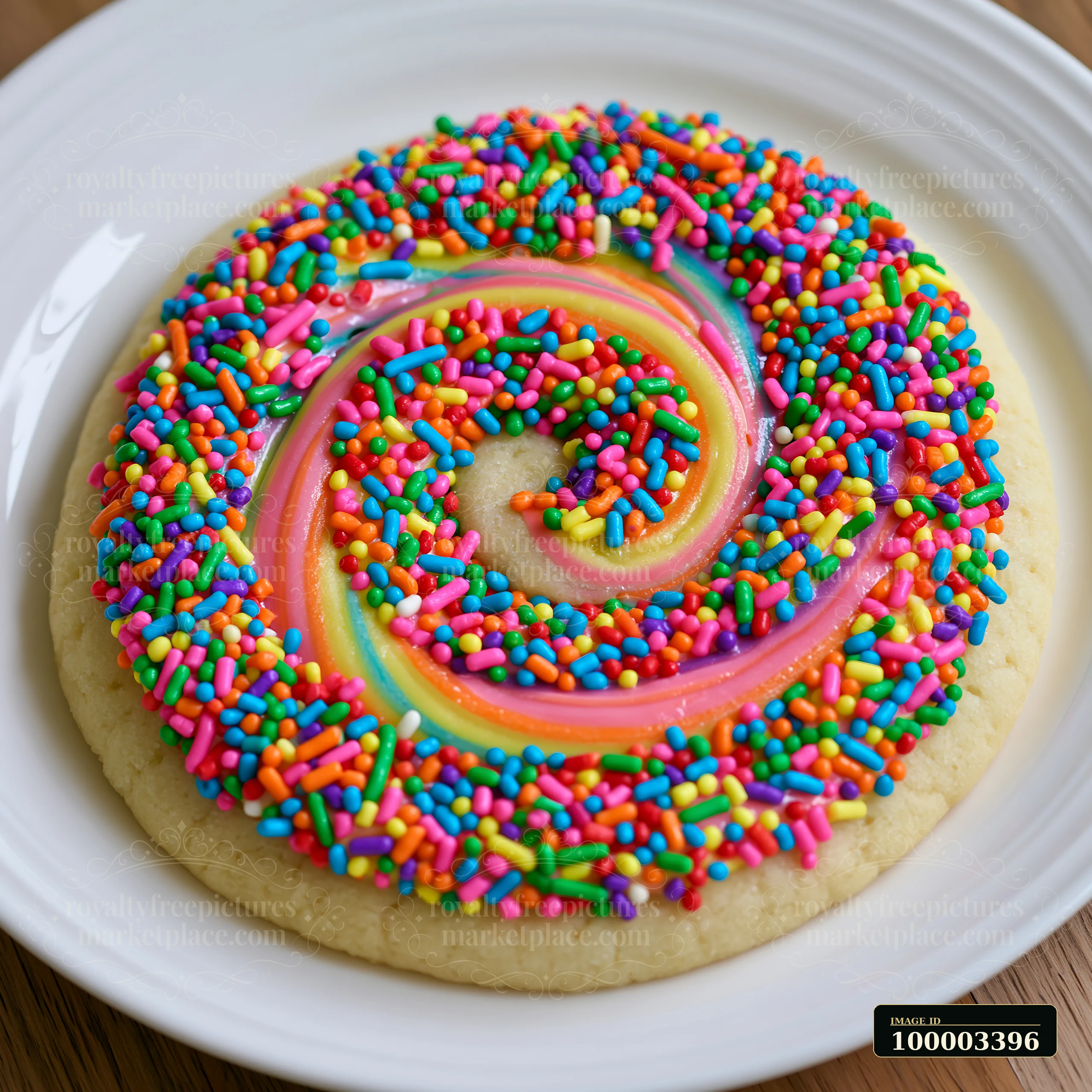 A circular cookie sits on a white plate with bright rainbow sprinkles arranged in a swirl design.