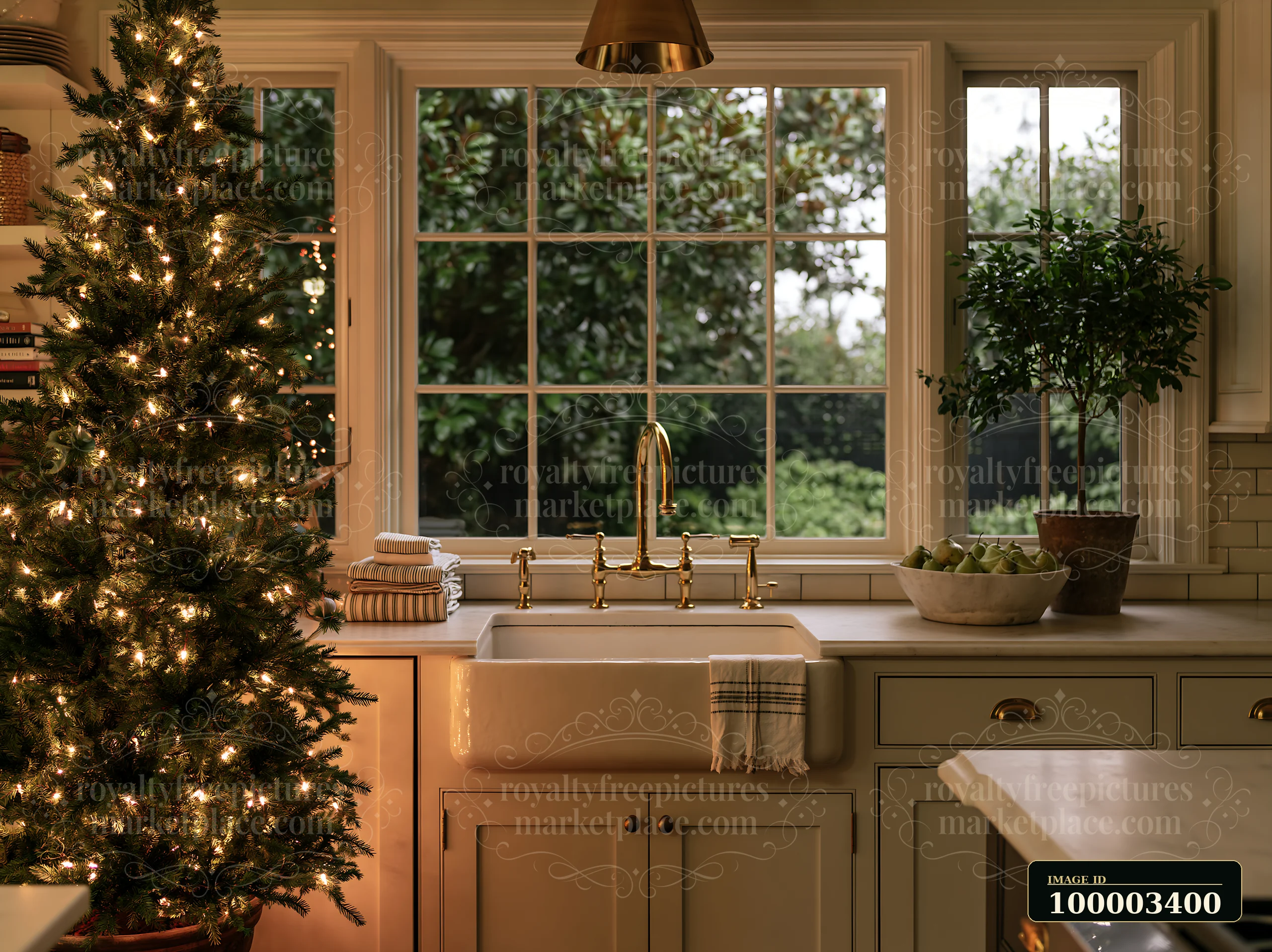 A cozy kitchen features an illuminated Christmas tree beside a farmhouse sink.