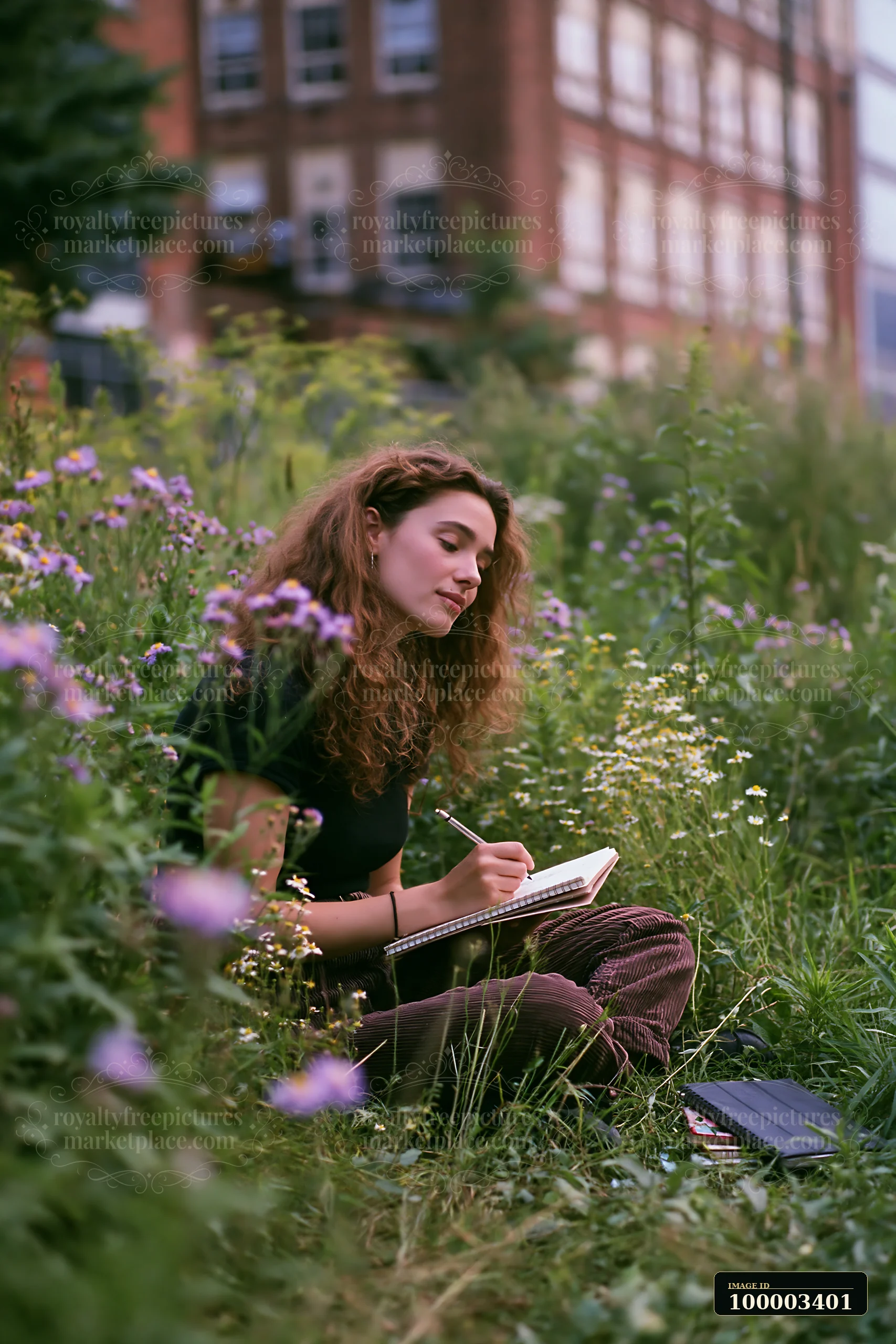 A woman sits in an urban meadow among buildings, writing in a notebook surrounded by wildflowers and greenery.