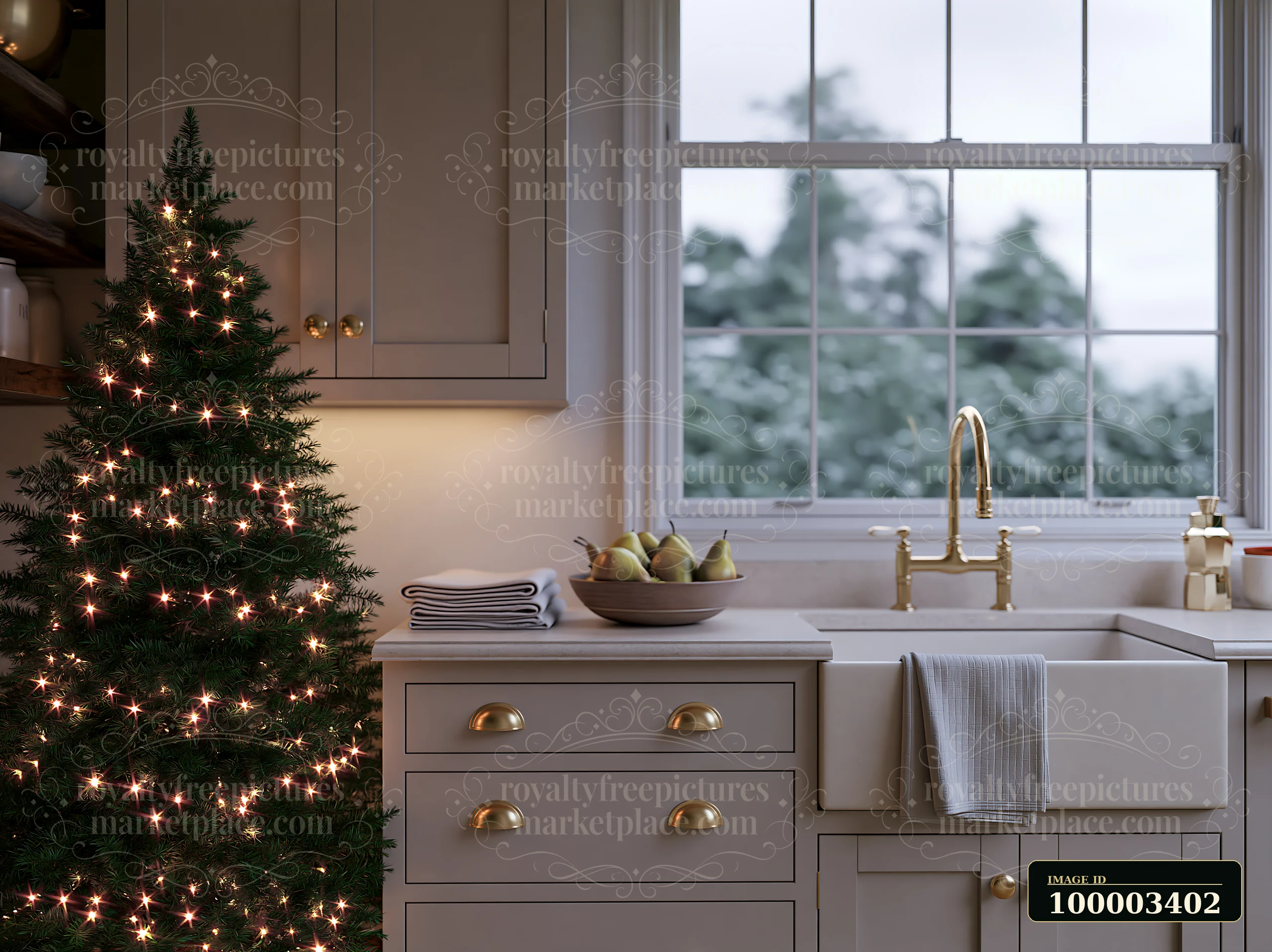 A luxury kitchen features an illuminated Christmas tree next to the sink, with natural light coming through a large window.
