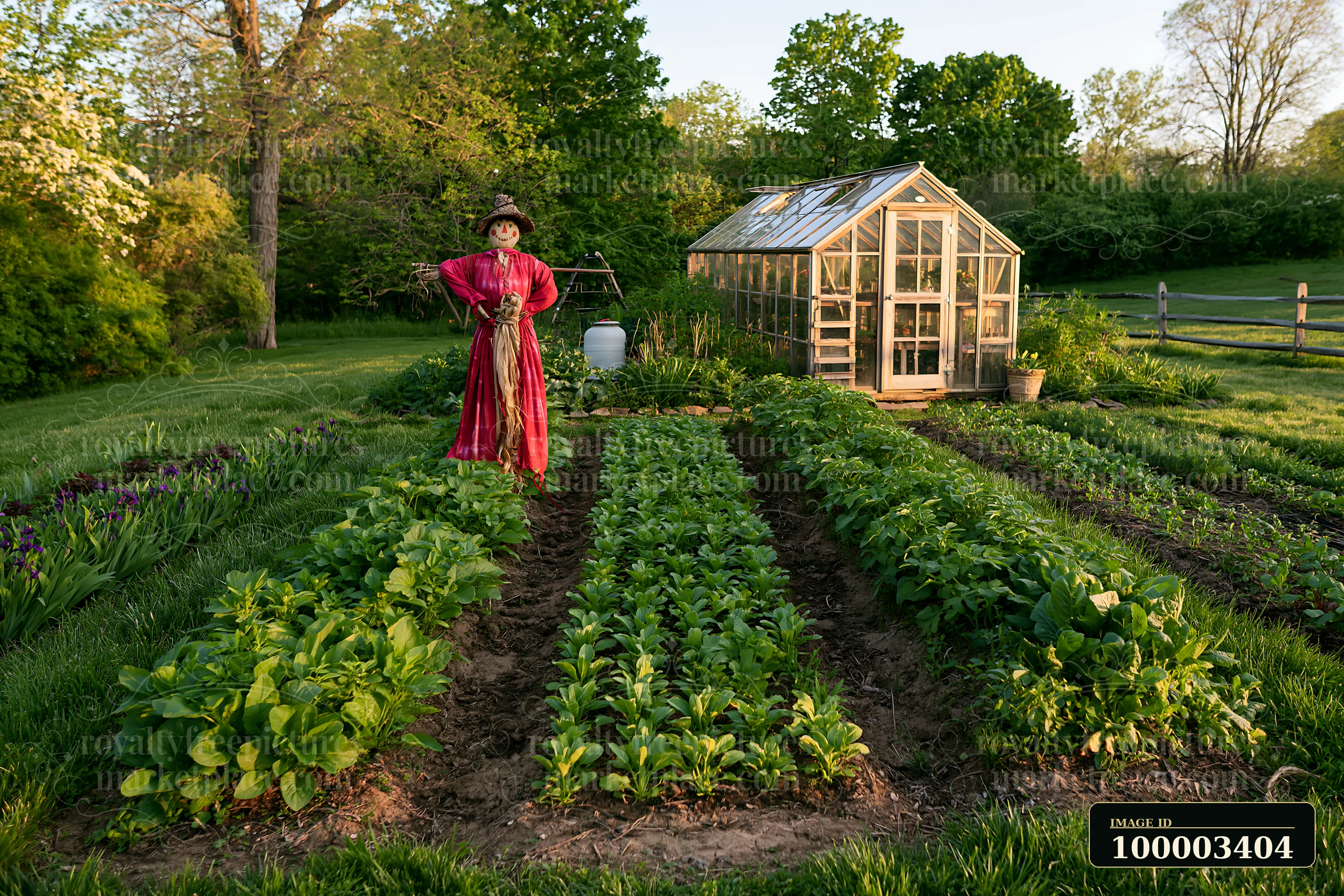 A scarecrow in a spring garden watches over rows of young plants, with a greenhouse in the background surrounded by trees.