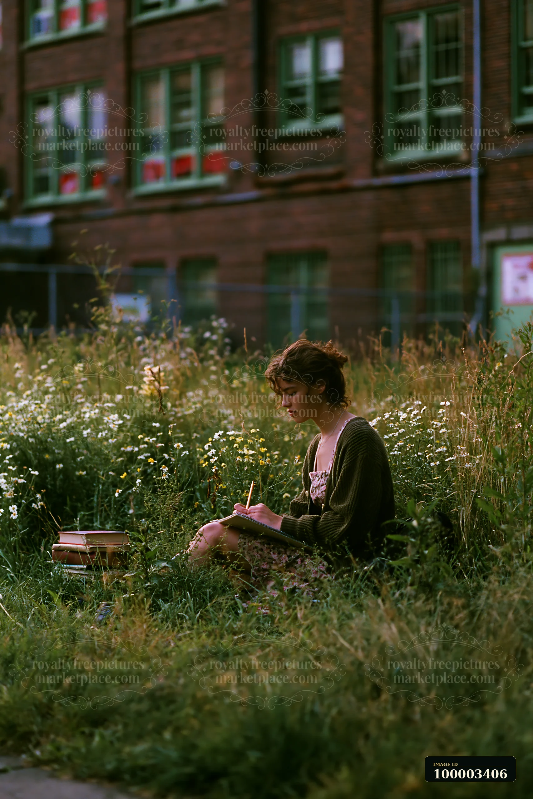 A woman writes in a notebook while sitting in a lush urban meadow among buildings.