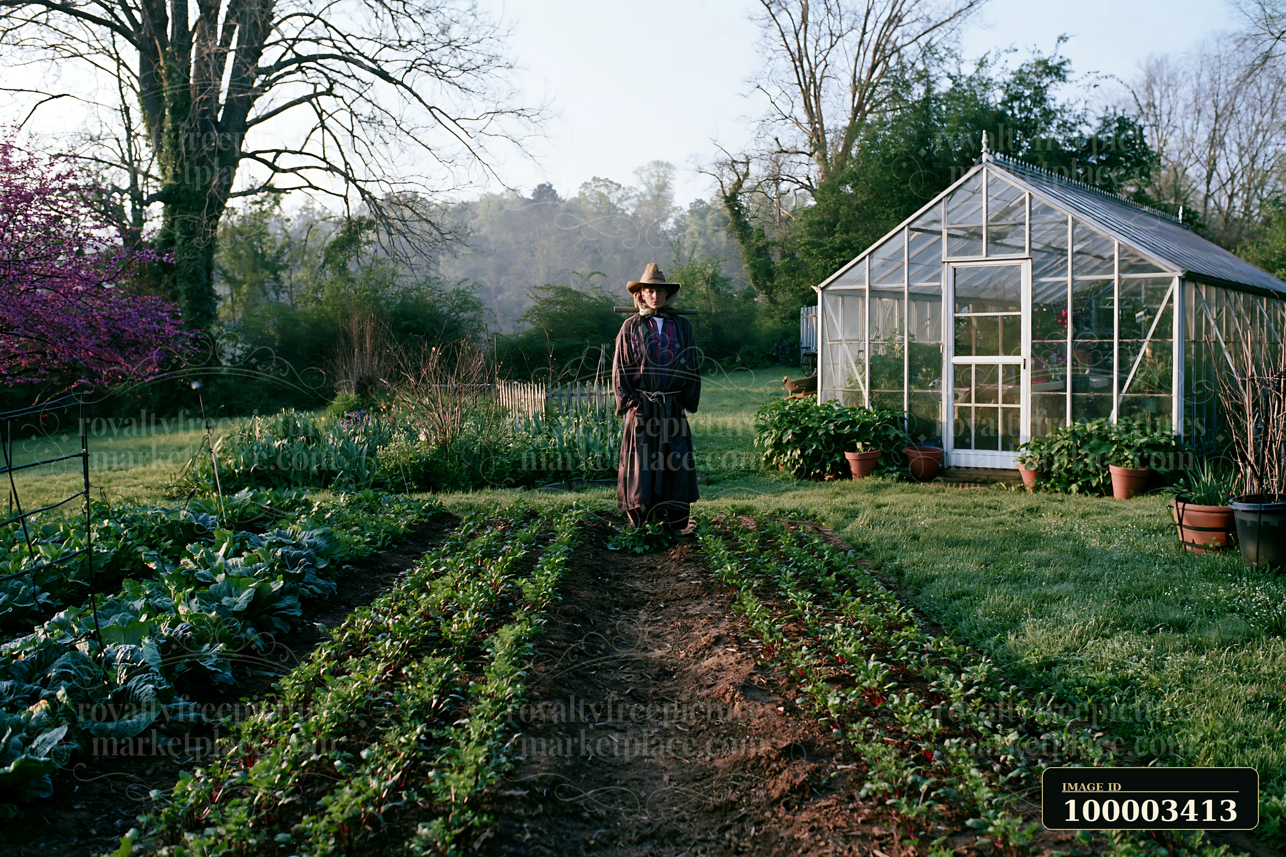 A scarecrow stands in a spring garden beside a greenhouse, surrounded by rows of young plants and trees.