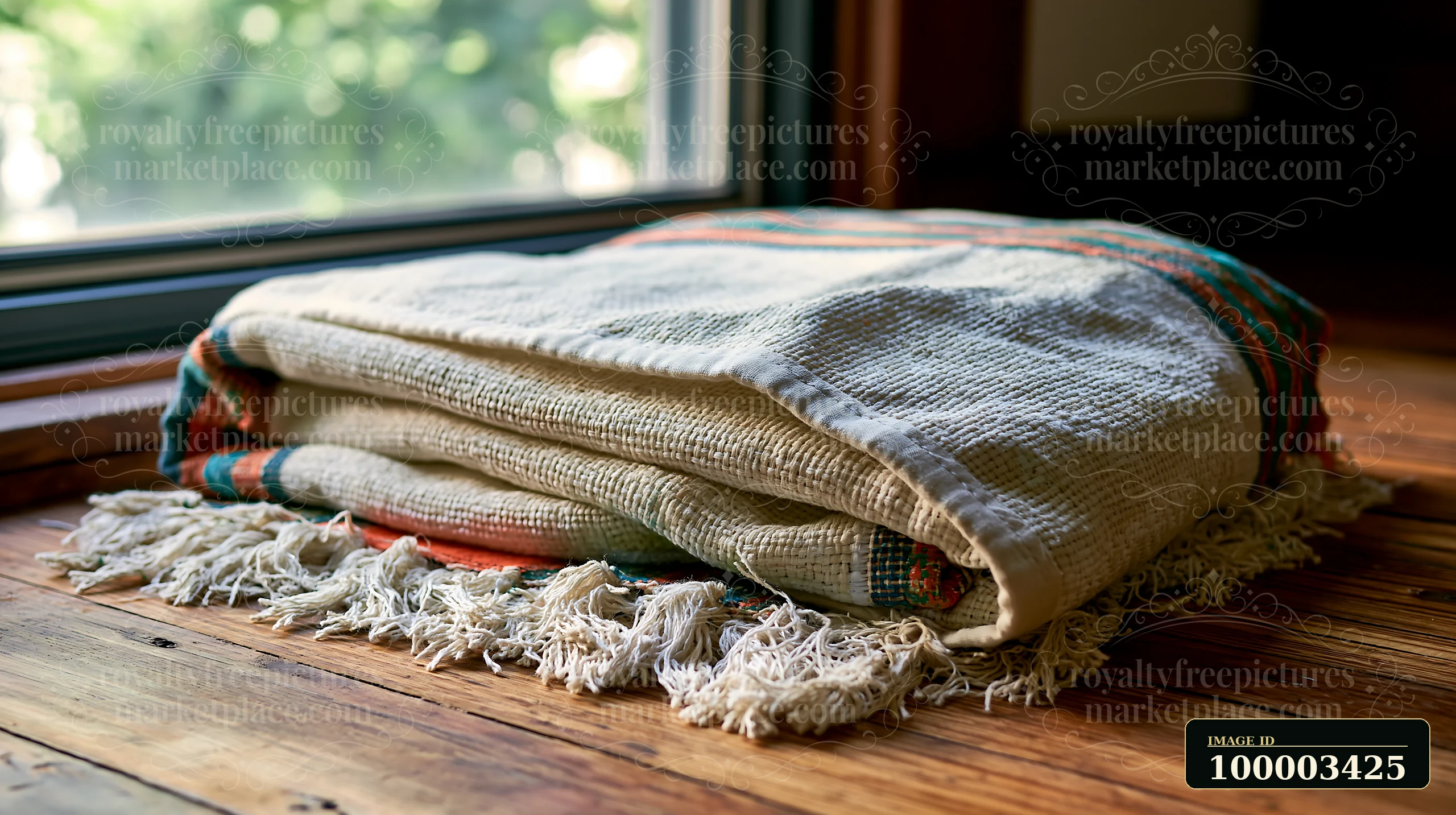 Colorful paint residue on woven material sits folded by a window on wooden flooring.