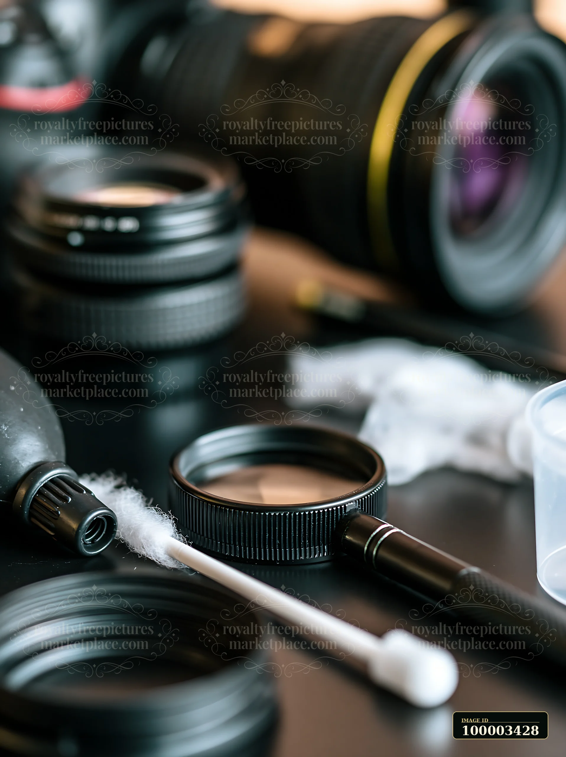 The scene shows photography equipment arranged on a studio table.