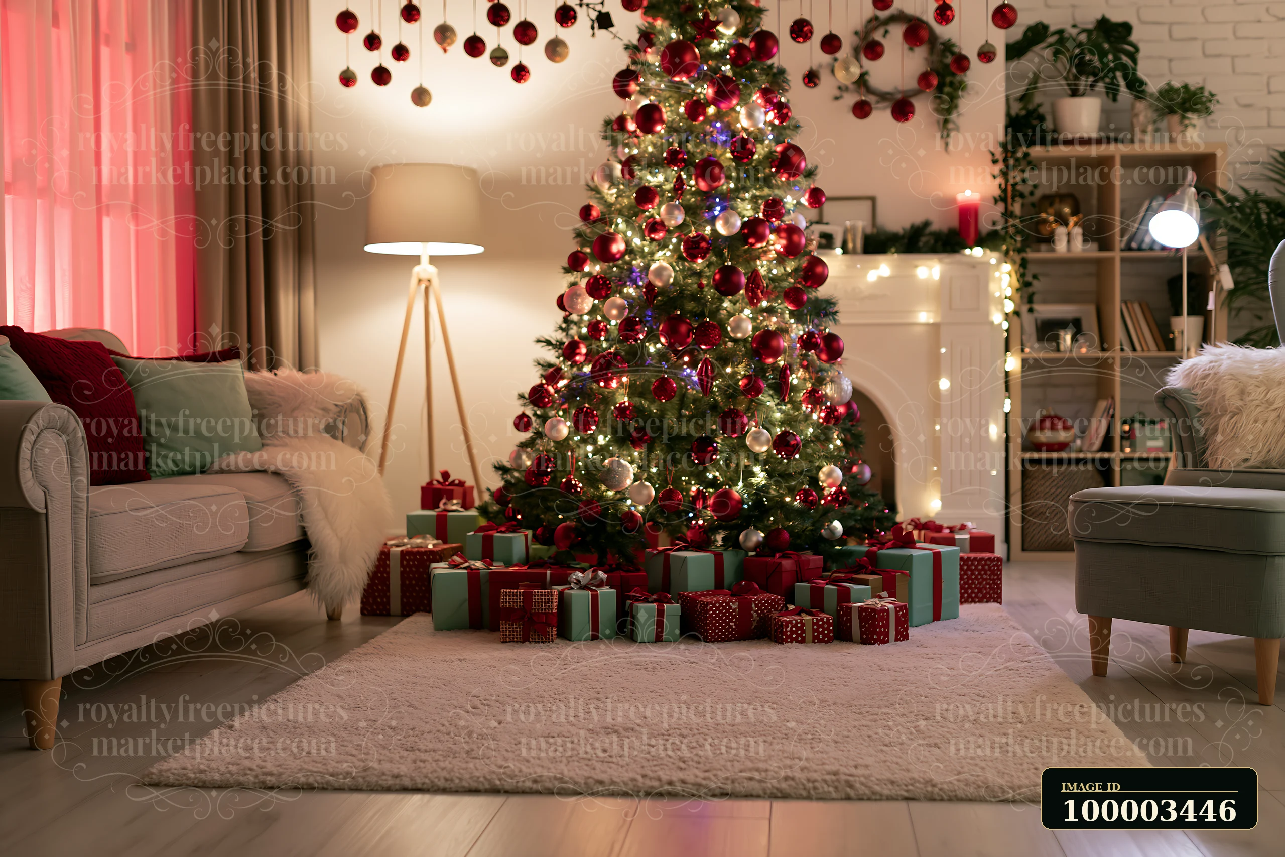 A living room features a decorated Christmas tree with hanging ornaments, surrounded by wrapped gifts.