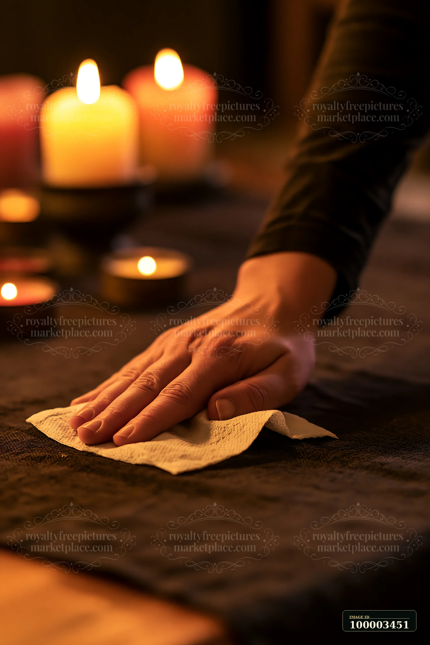 A person is using a paper towel blotting fabric stain on a dark table while candles are lit in the background, creating a warm atmosphere.