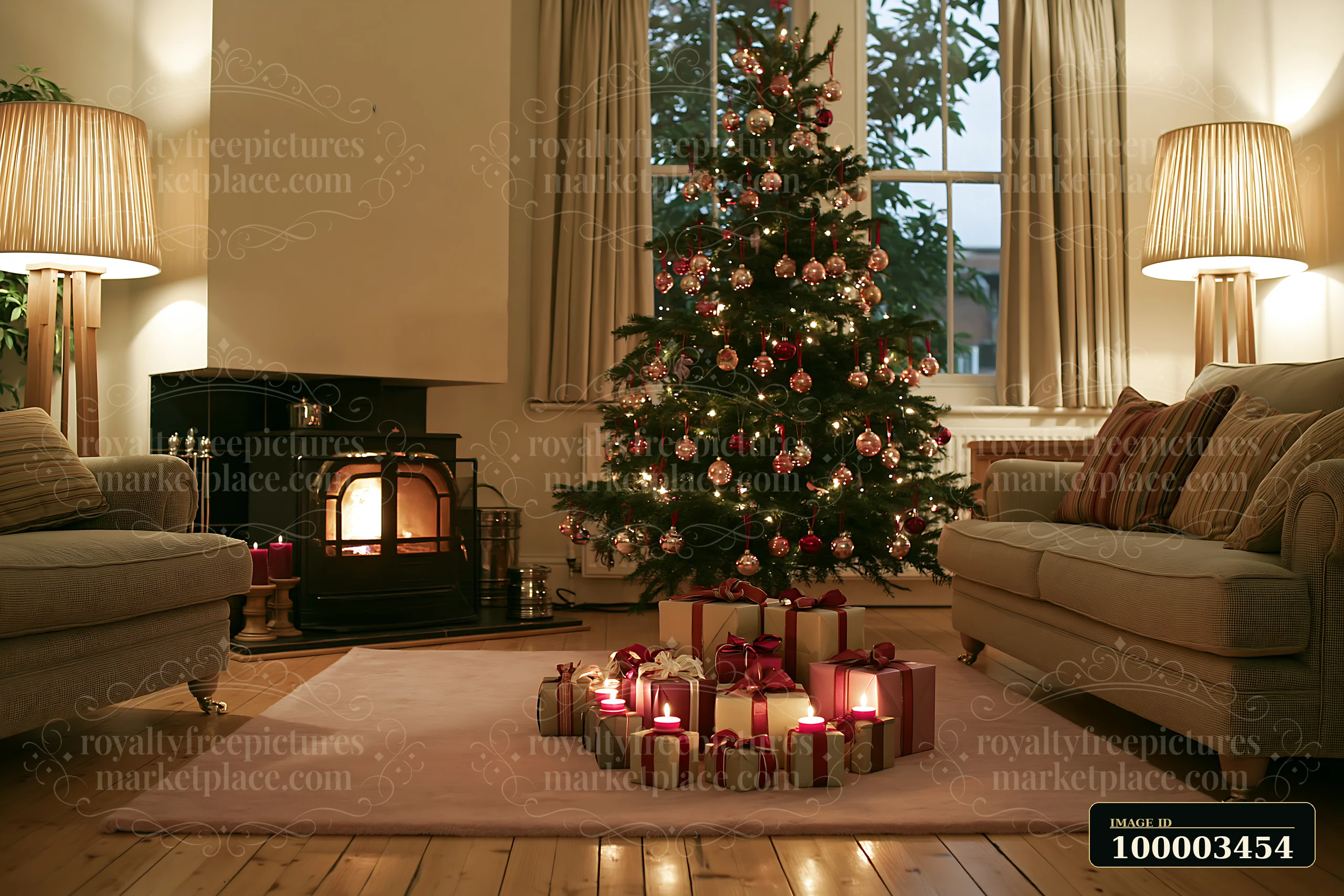 A decorated Christmas living room features a large tree adorned with ornaments and surrounded by gifts.