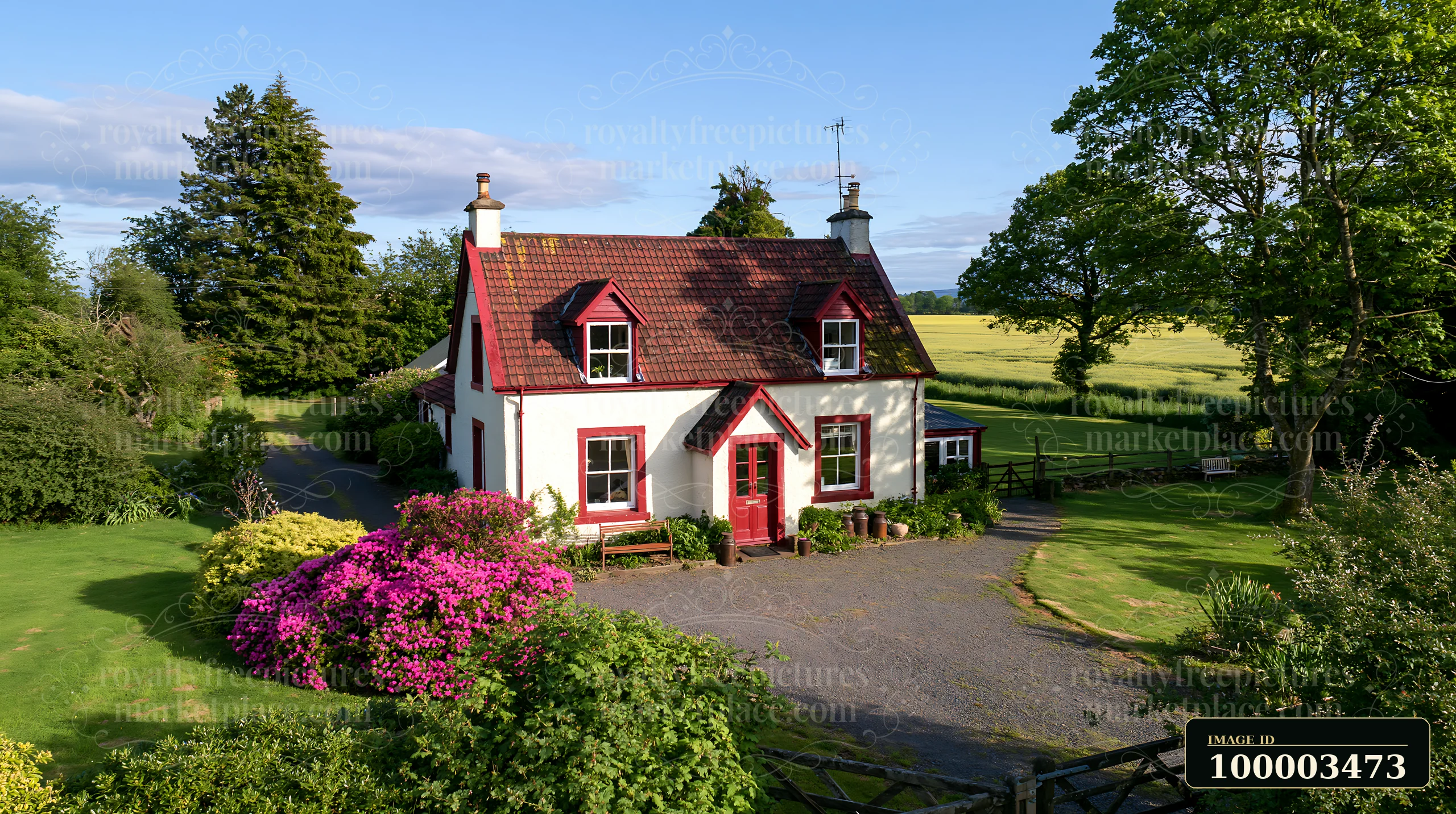 A country house with gravel driveway sits in an open field, with trees and flowers around it.