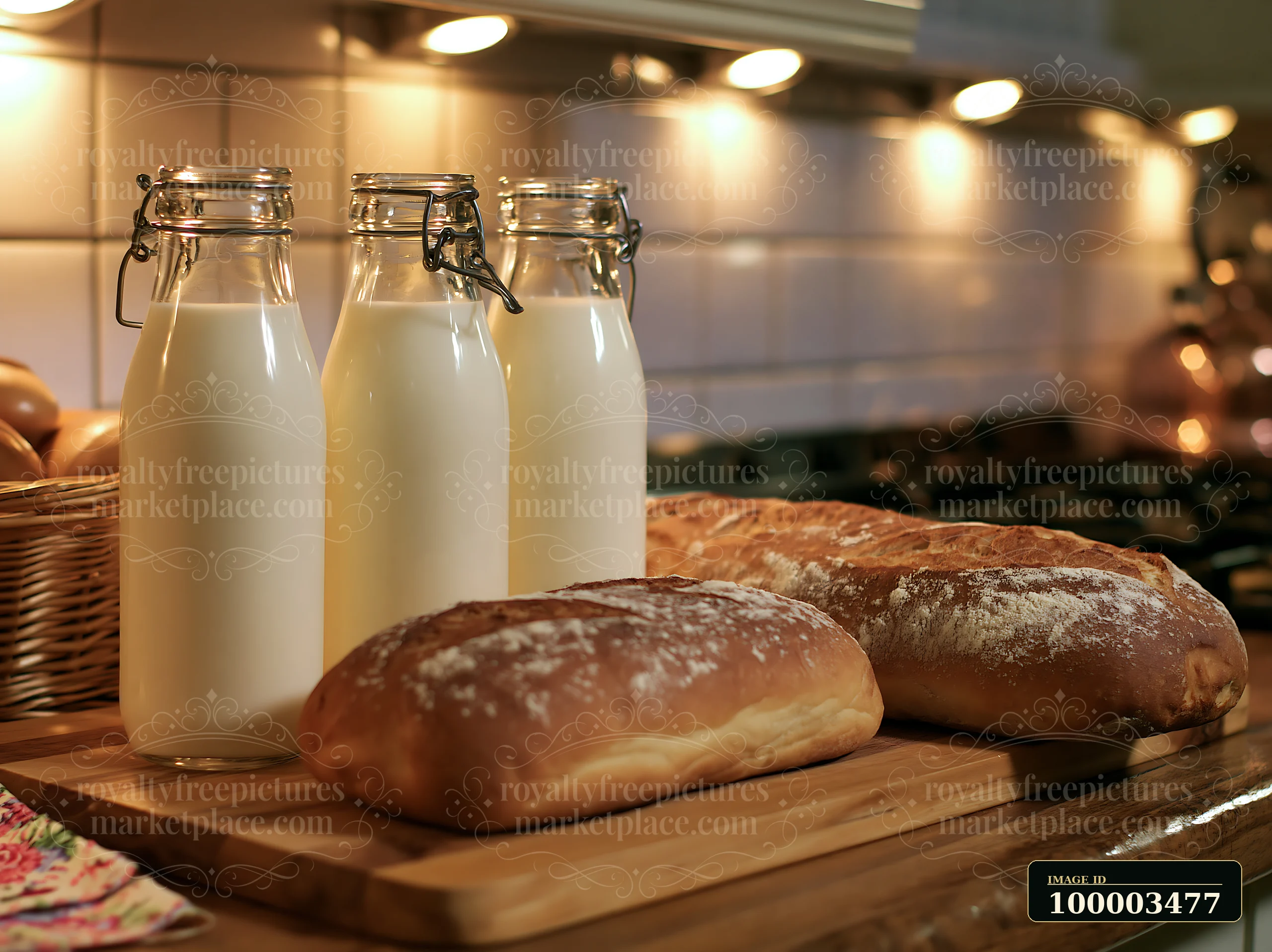 Glass milk bottles arranged beside fresh bread on a wooden board in a kitchen setting.