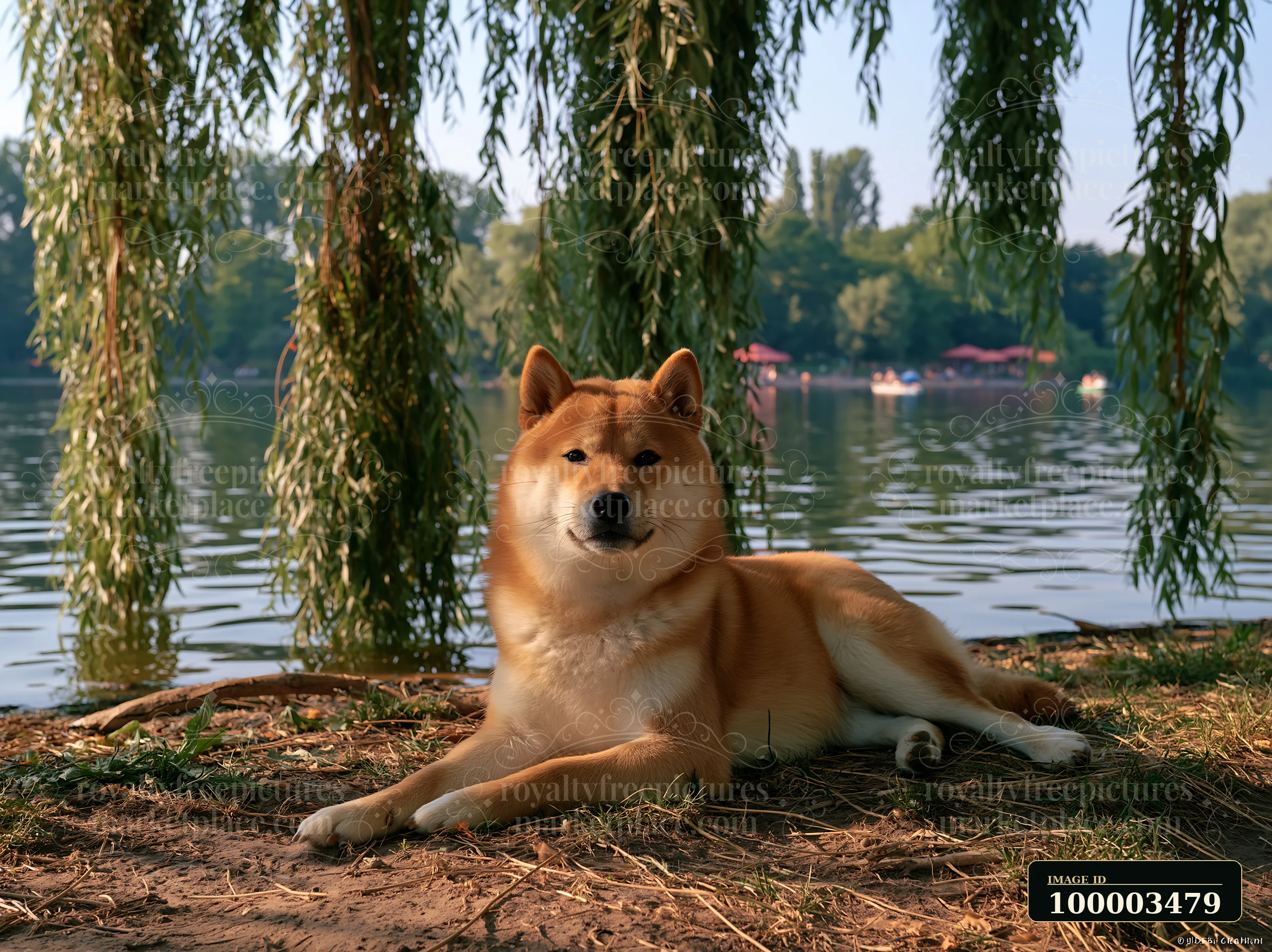 A Shiba Inu rests by a lake with trees hanging over the water.