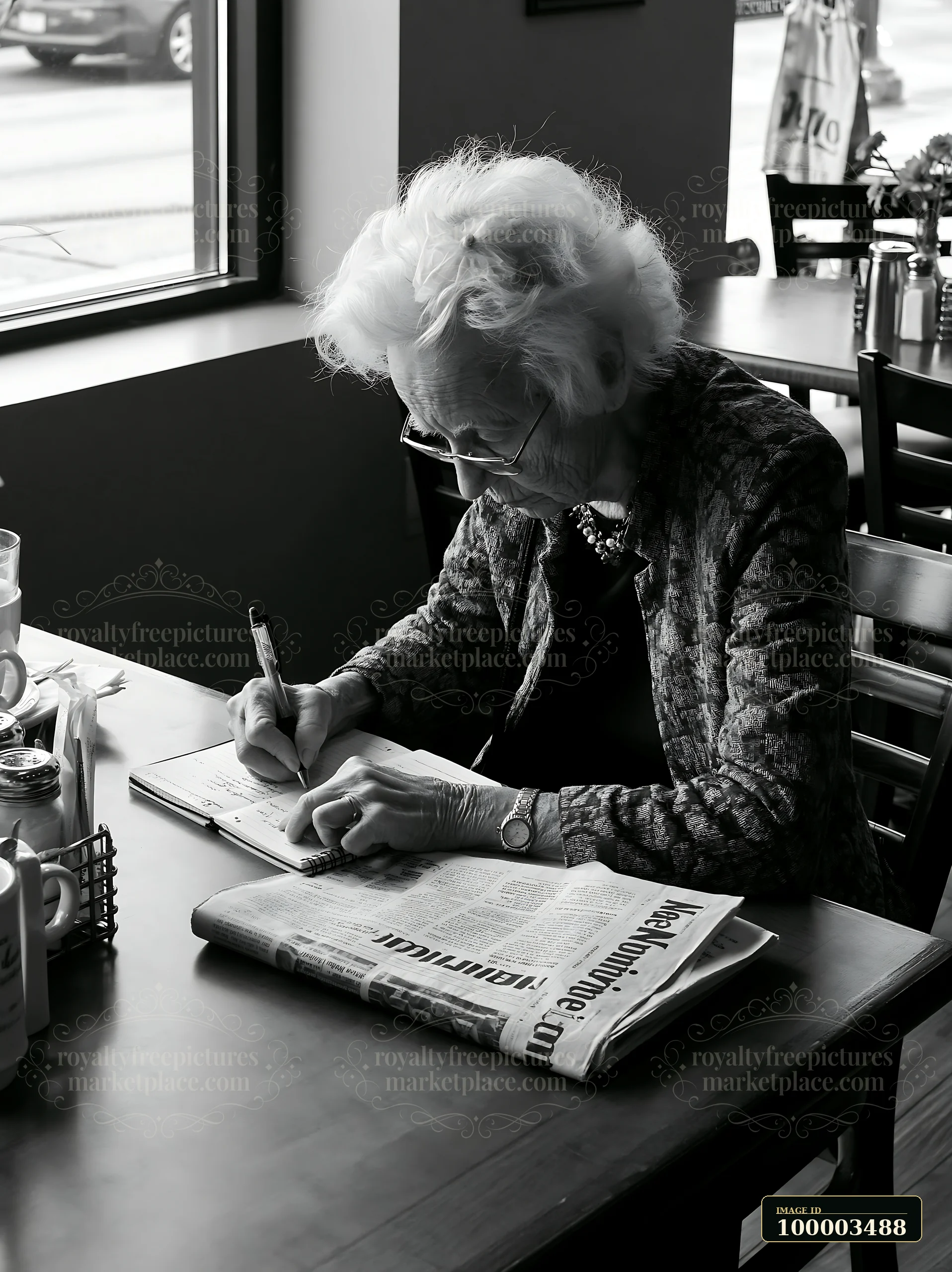 An elderly woman with Alzheimer's writing reminders in a notebook sits at a table in a bright cafe.