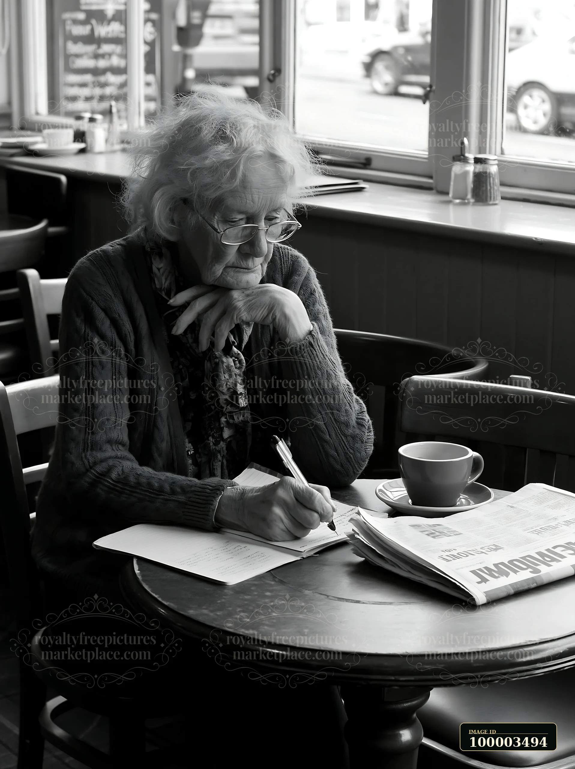 An elderly woman with Alzheimer's is sitting at a table in a cafe, writing reminders in a notebook.