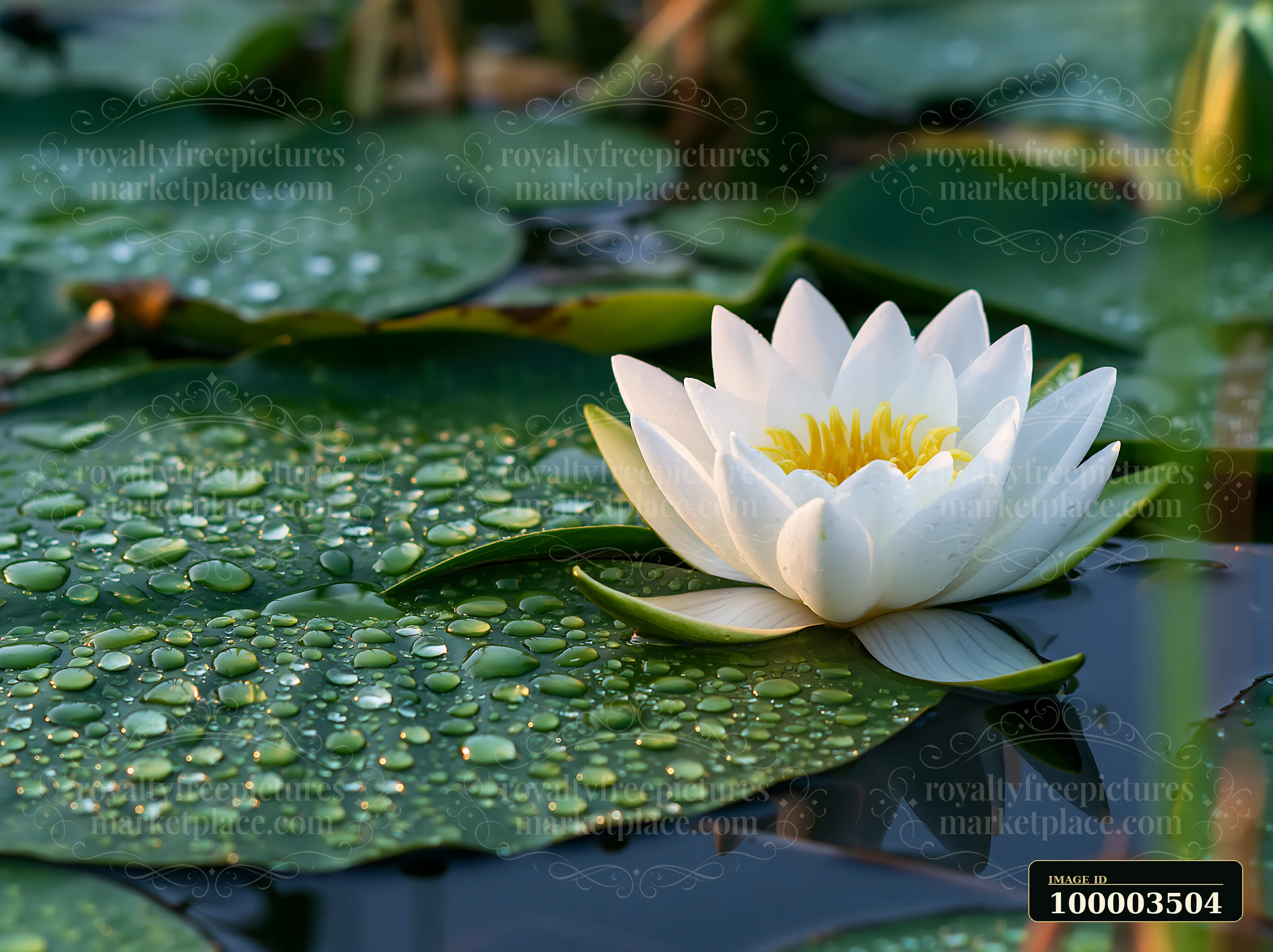 A water lily floats on a pond surrounded by green leaves with water droplets.