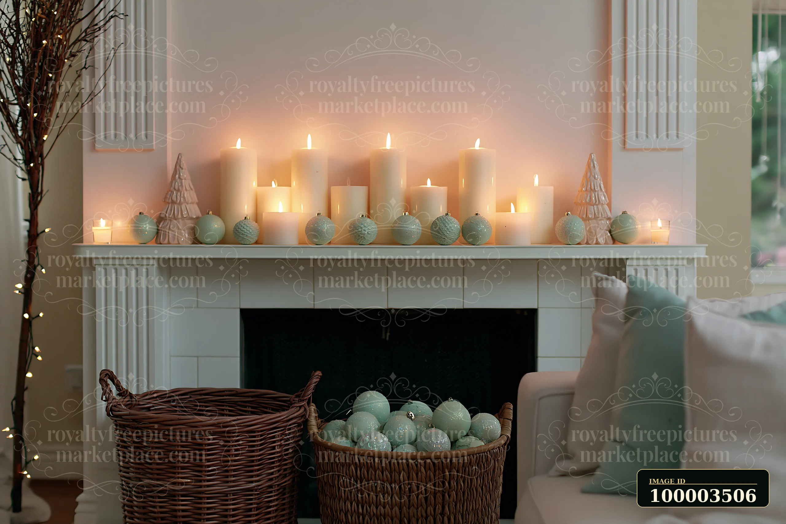 A Christmas living room with glowing candles on a mantelpiece.