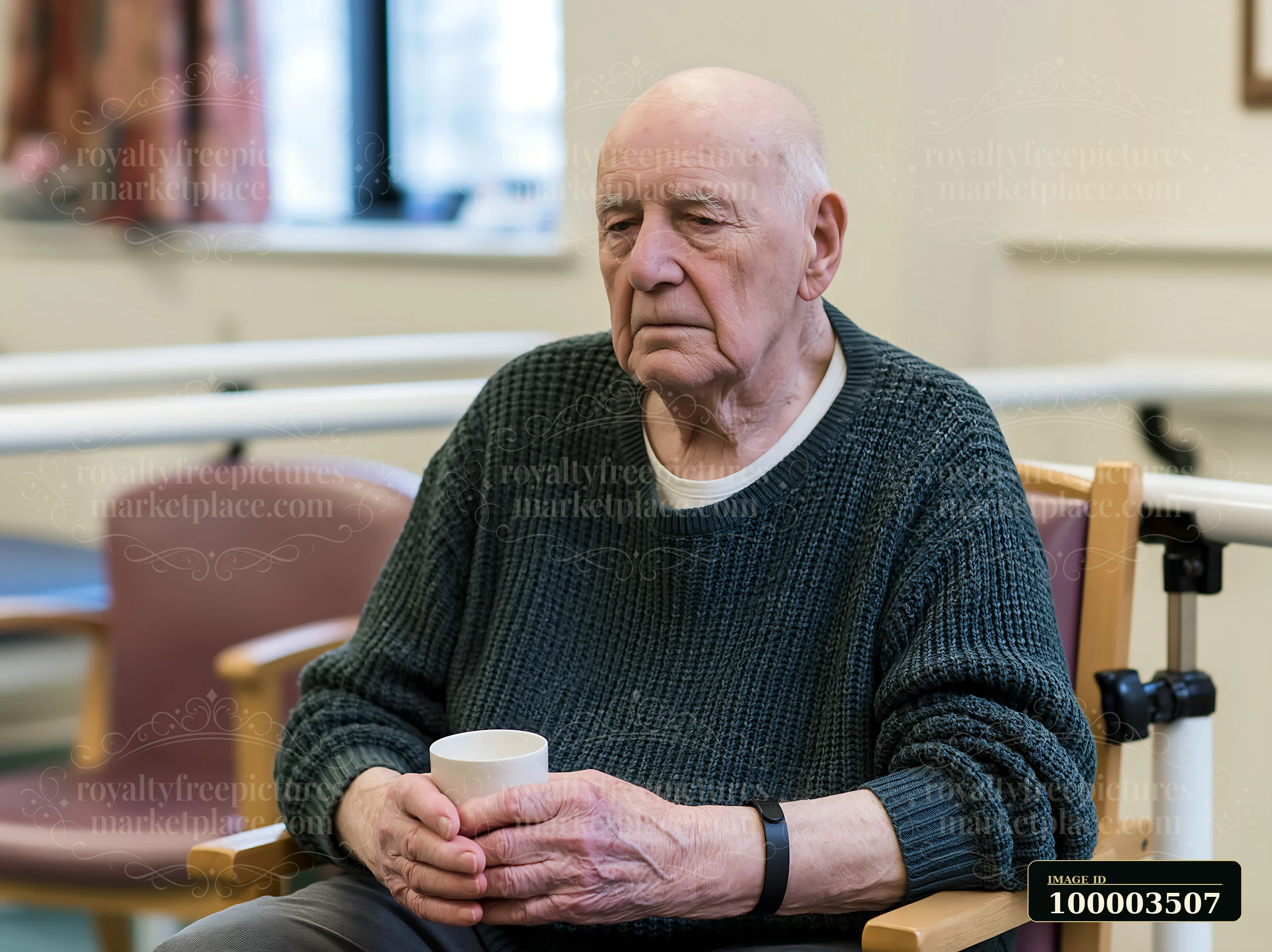 A senior man sits quietly in a care center, holding a cup with trembling hands, reflecting the challenges of Parkinson's disease.