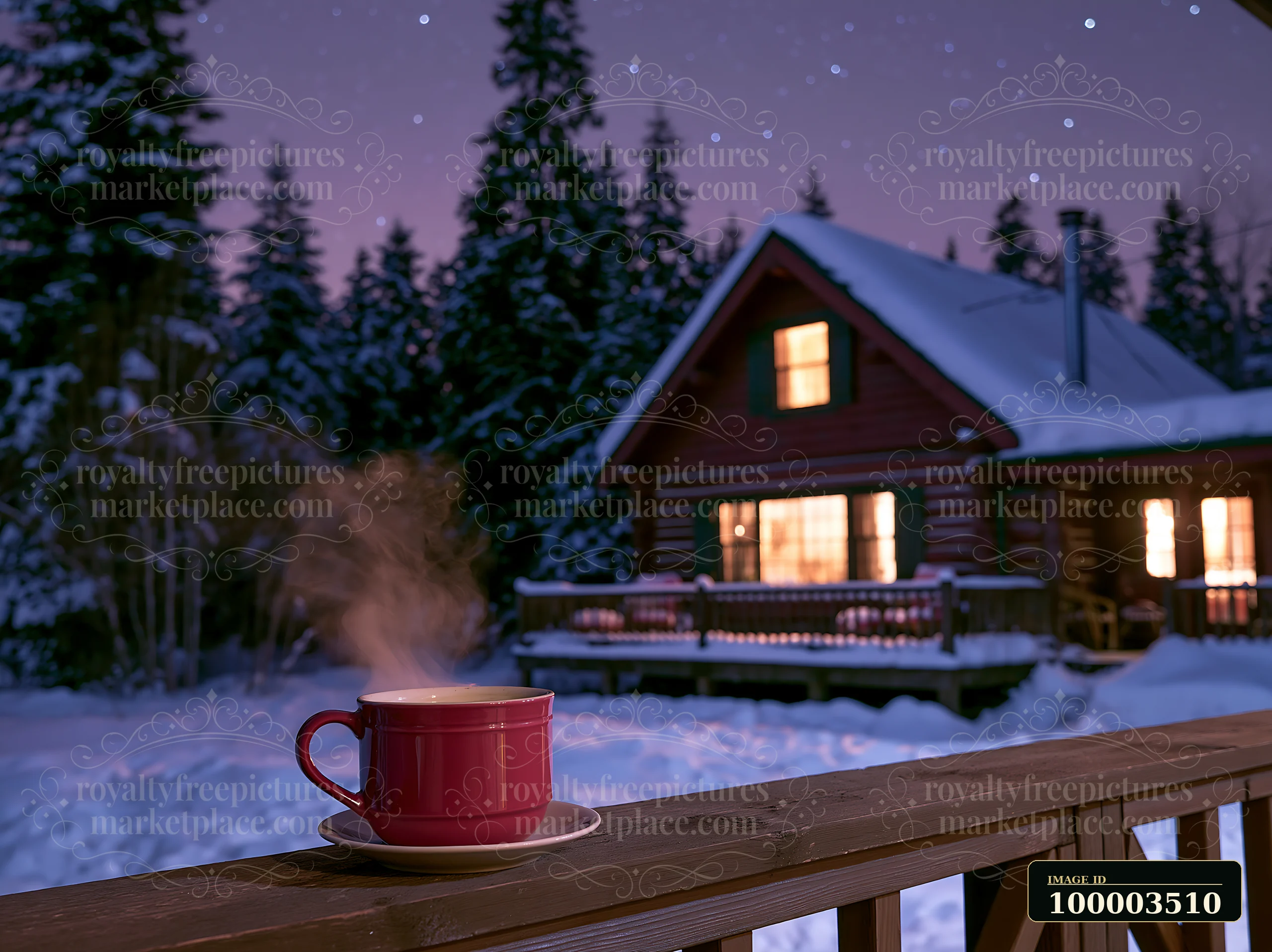 A steaming cup sits on a wooden railing in front of a snow-covered cabin under stars.