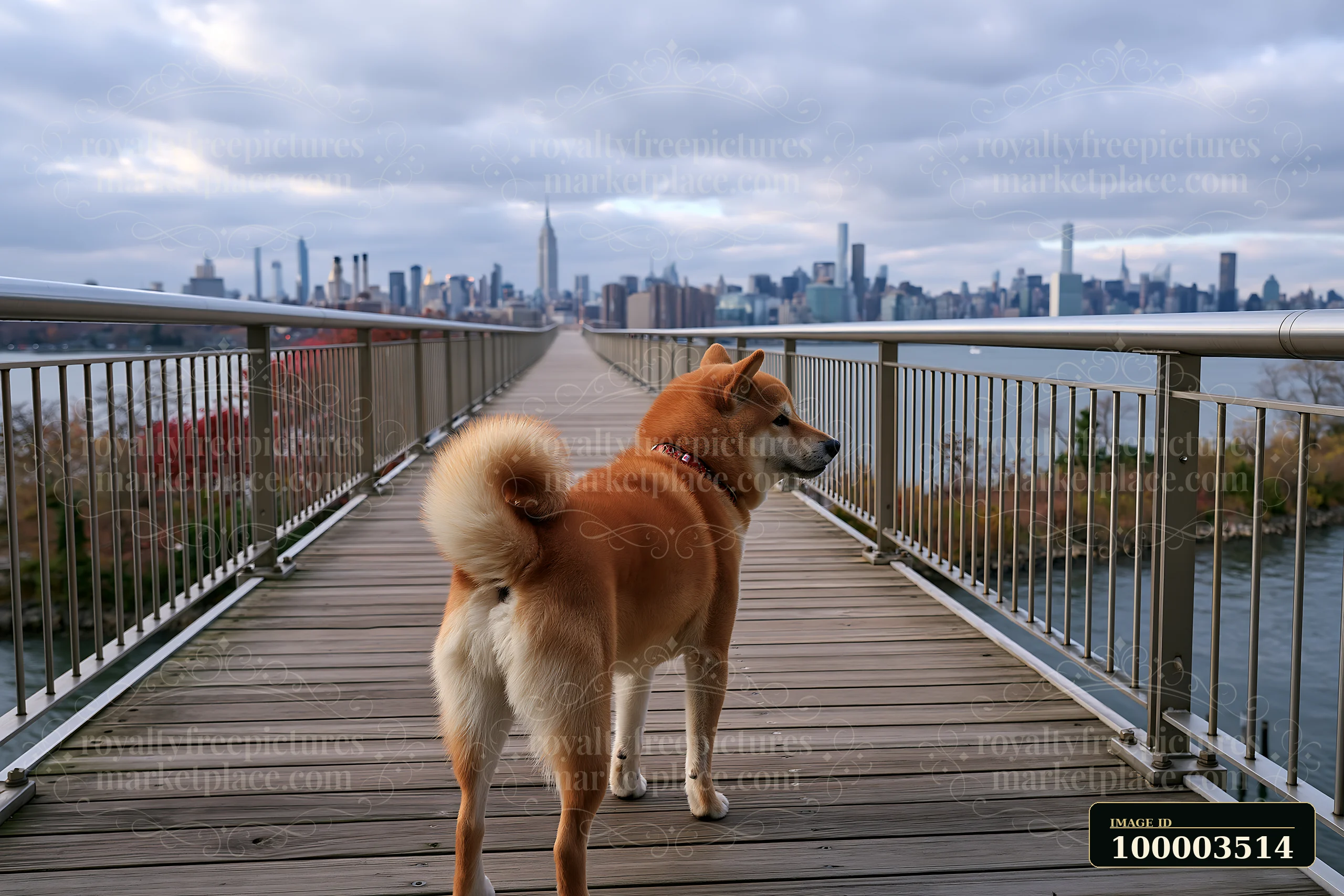 A Shiba Inu stands on a wooden platform, gazing at a city skyline with tall buildings under a cloudy sky.