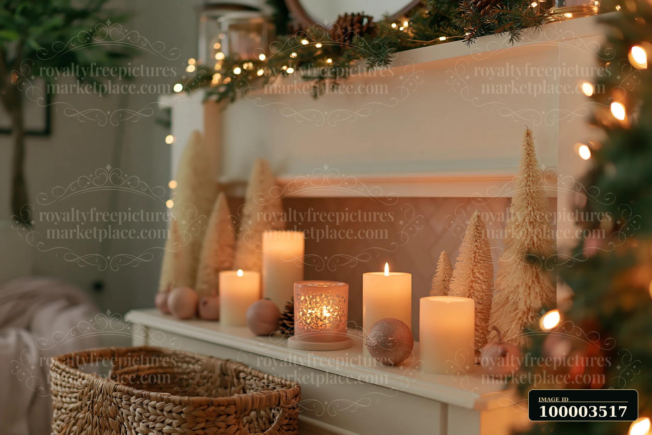 Soft candlelight illuminates a Christmas living room featuring a mantel decorated with trees, ornaments, and string lights, creating a warm atmosphere for the h