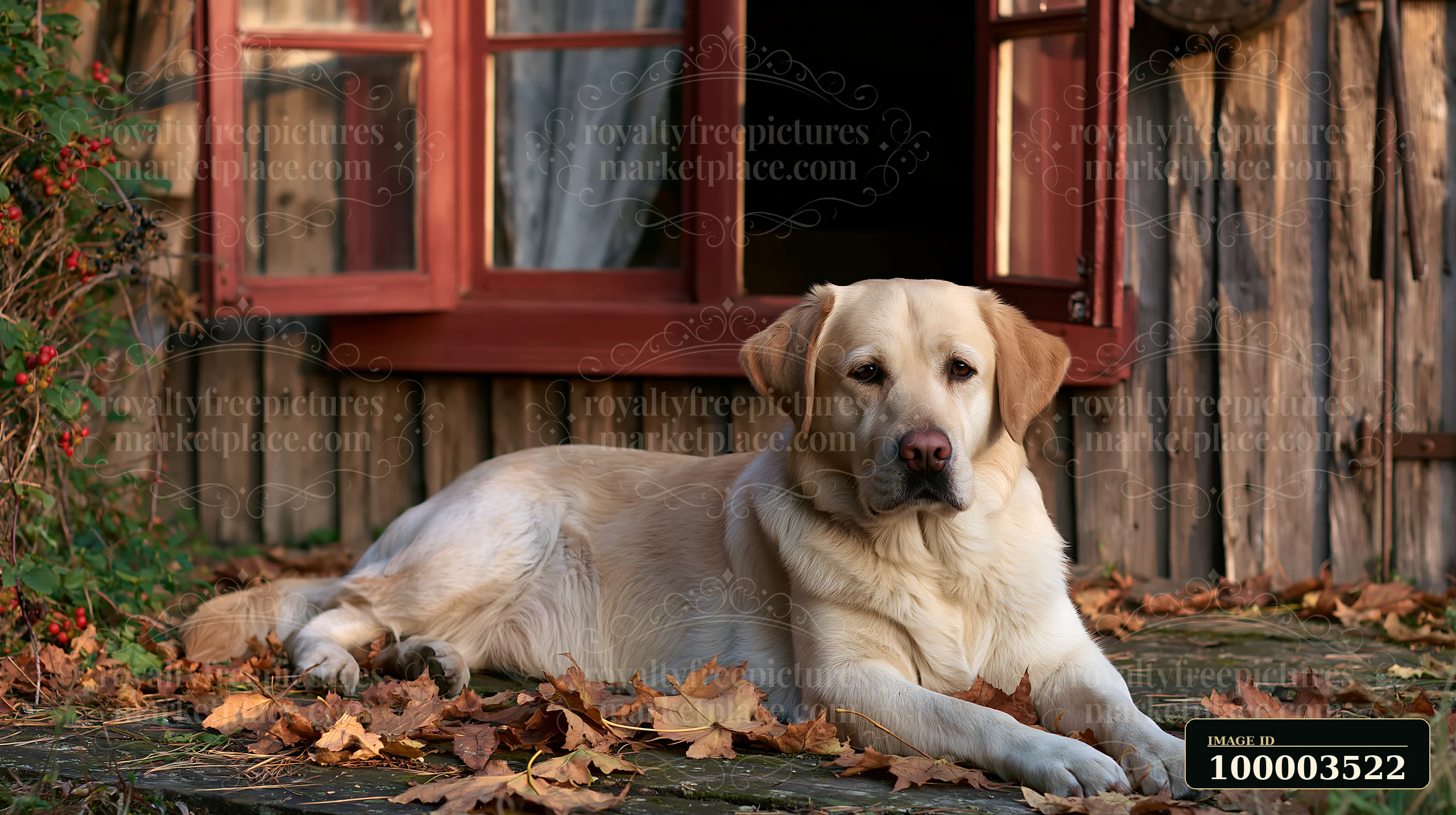 A dog lies on a stone pathway surrounded by autumn leaves outside a rural cottage with wooden walls and red windows.