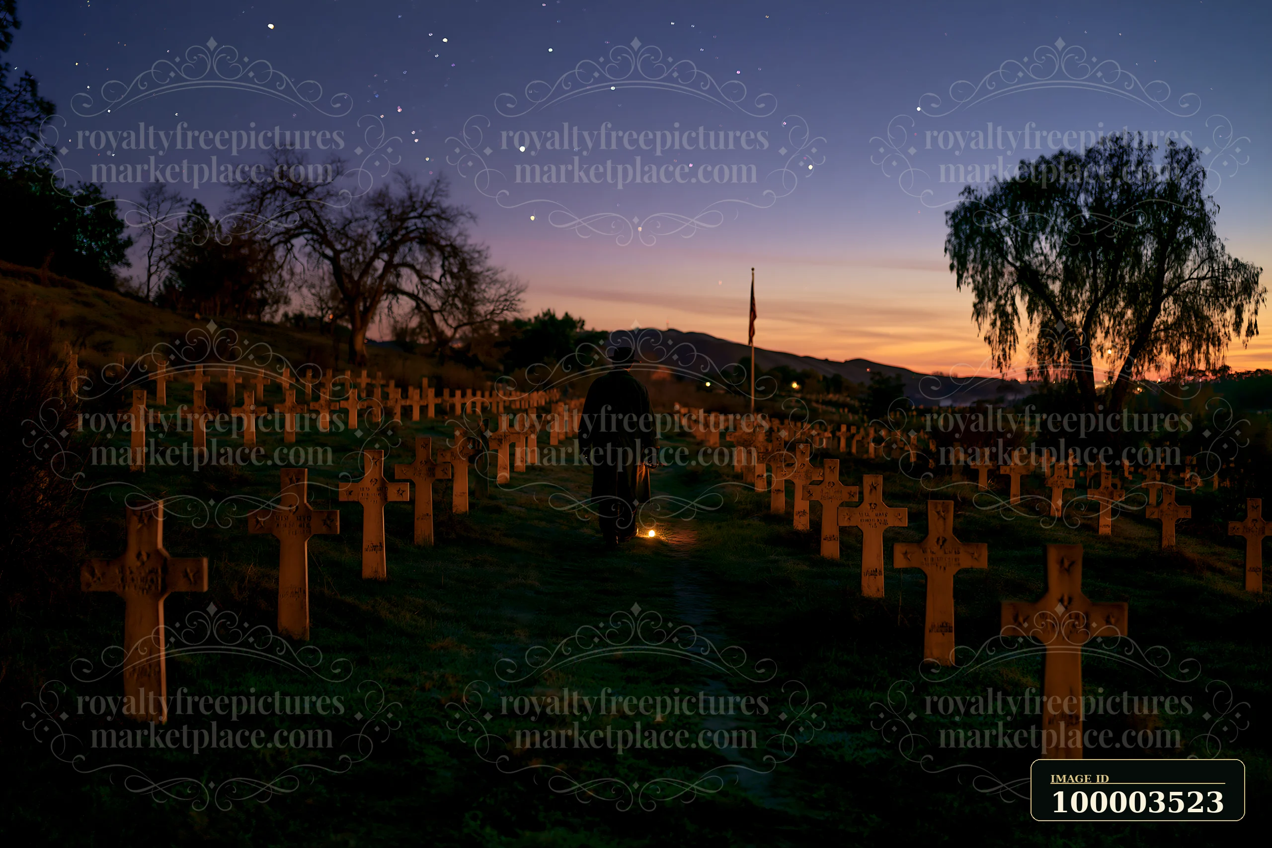 Cross-shaped military grave markers under stars fill the landscape in a cemetery.