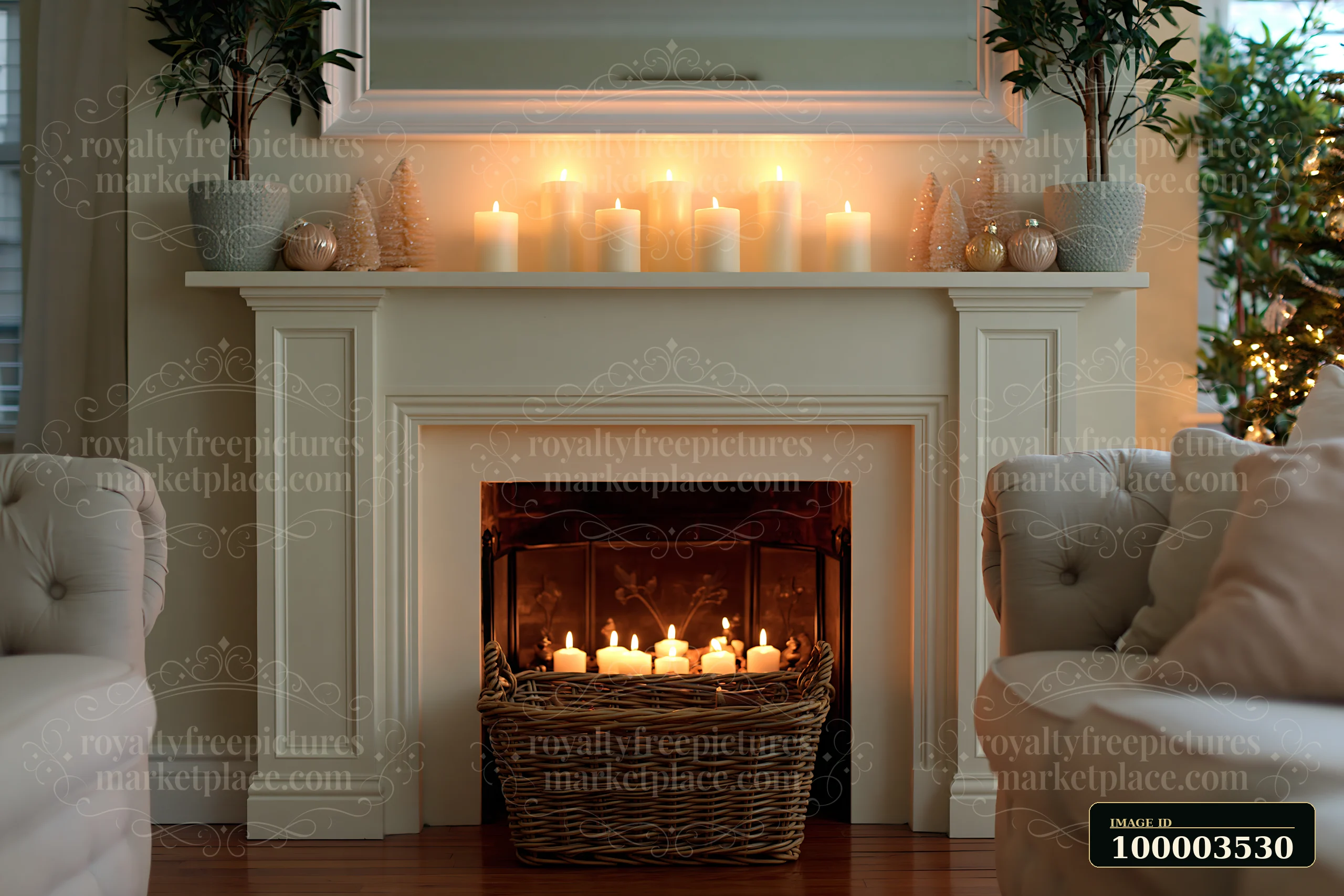 Warm light from glowing candles fills the Christmas living room, highlighting the elegant decor by the fireplace.