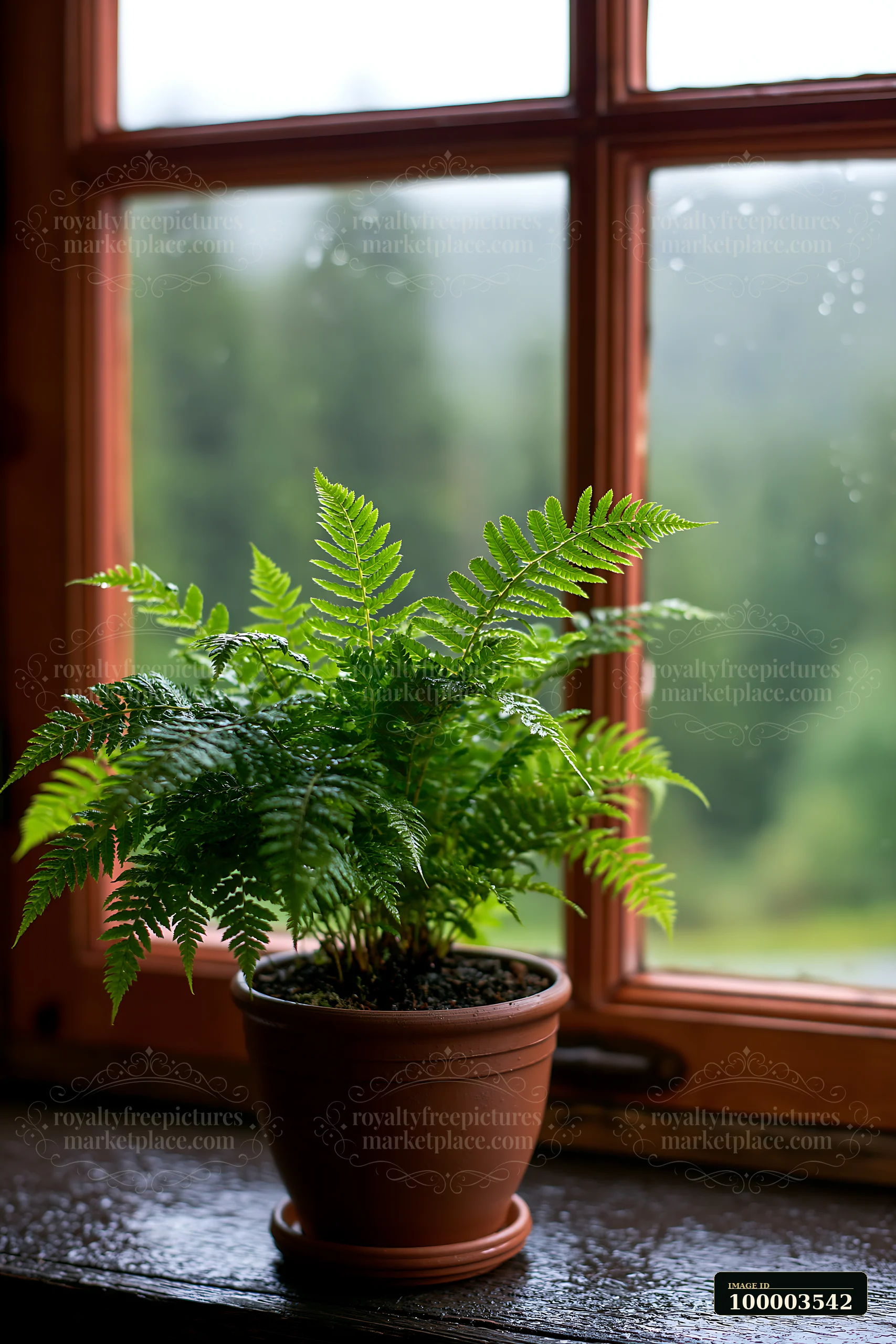 Rain falls softly on a cabin window, creating a view of green mountains in the background.