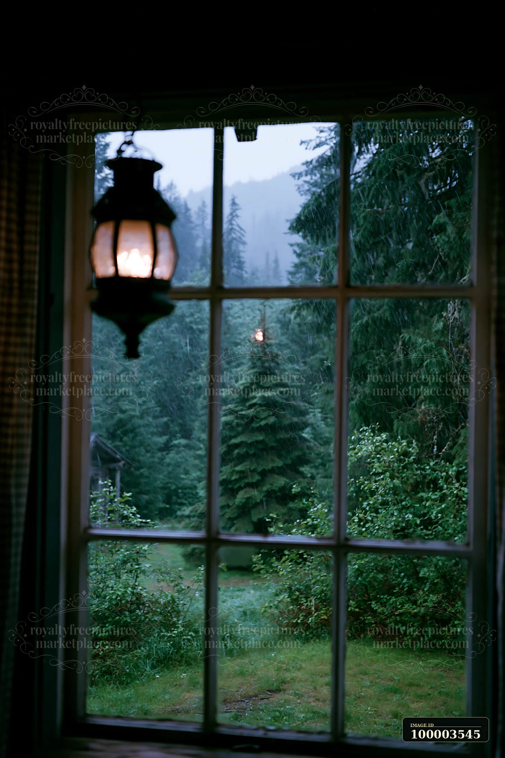 Rain falls outside a cabin window, revealing a mountain landscape filled with trees and lush greenery.
