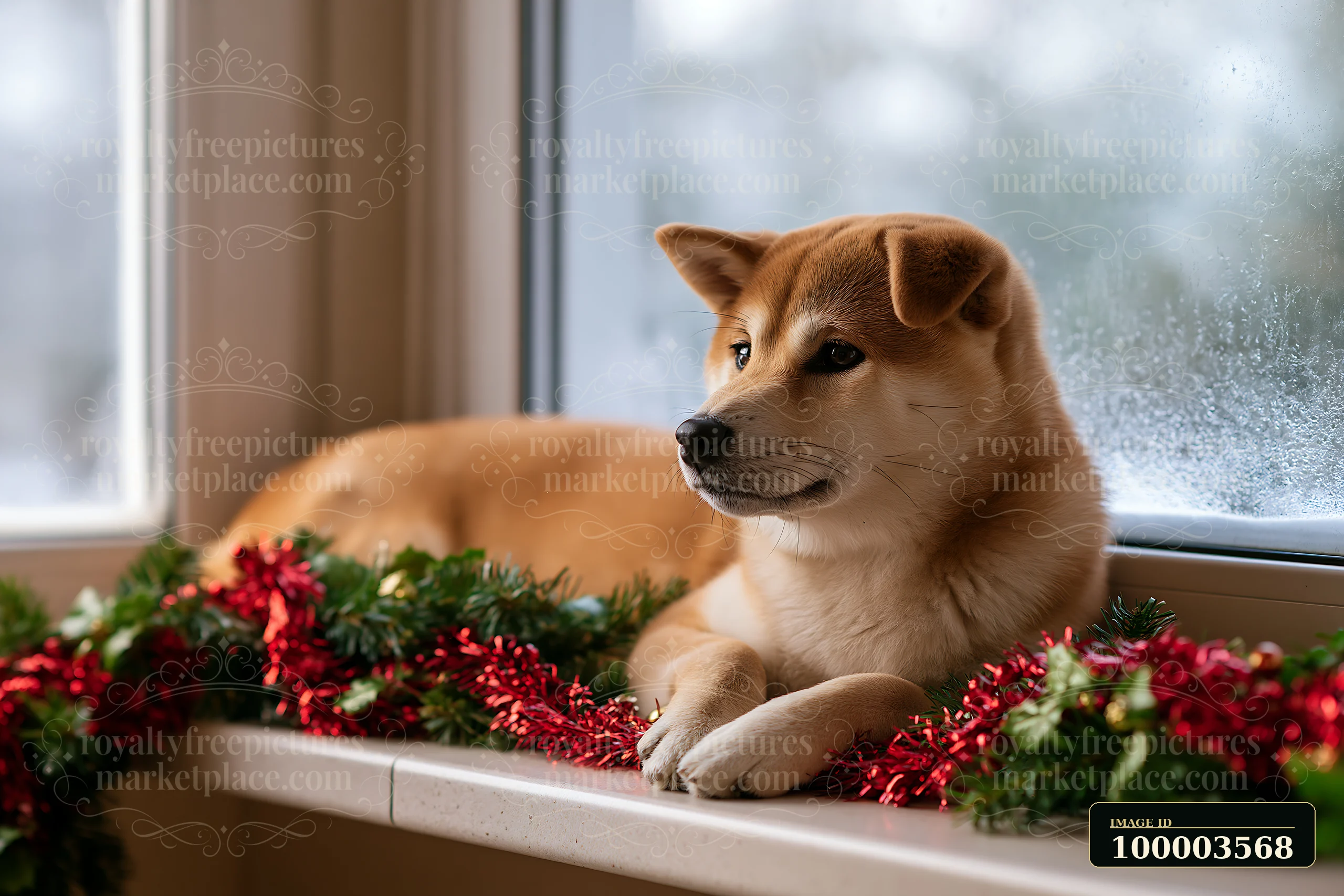 A Shiba Inu is resting quietly beside a Christmas garland on a window counter.
