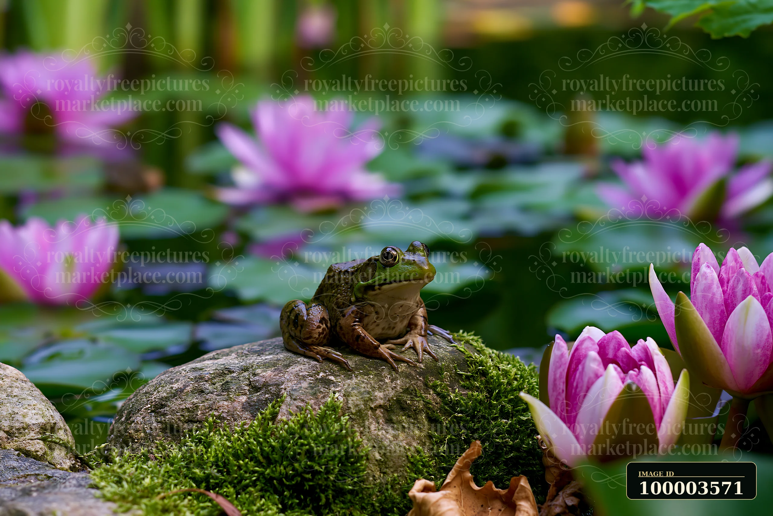 A frog sits on a mossy stone in a water lily pond surrounded by pink flowers.
