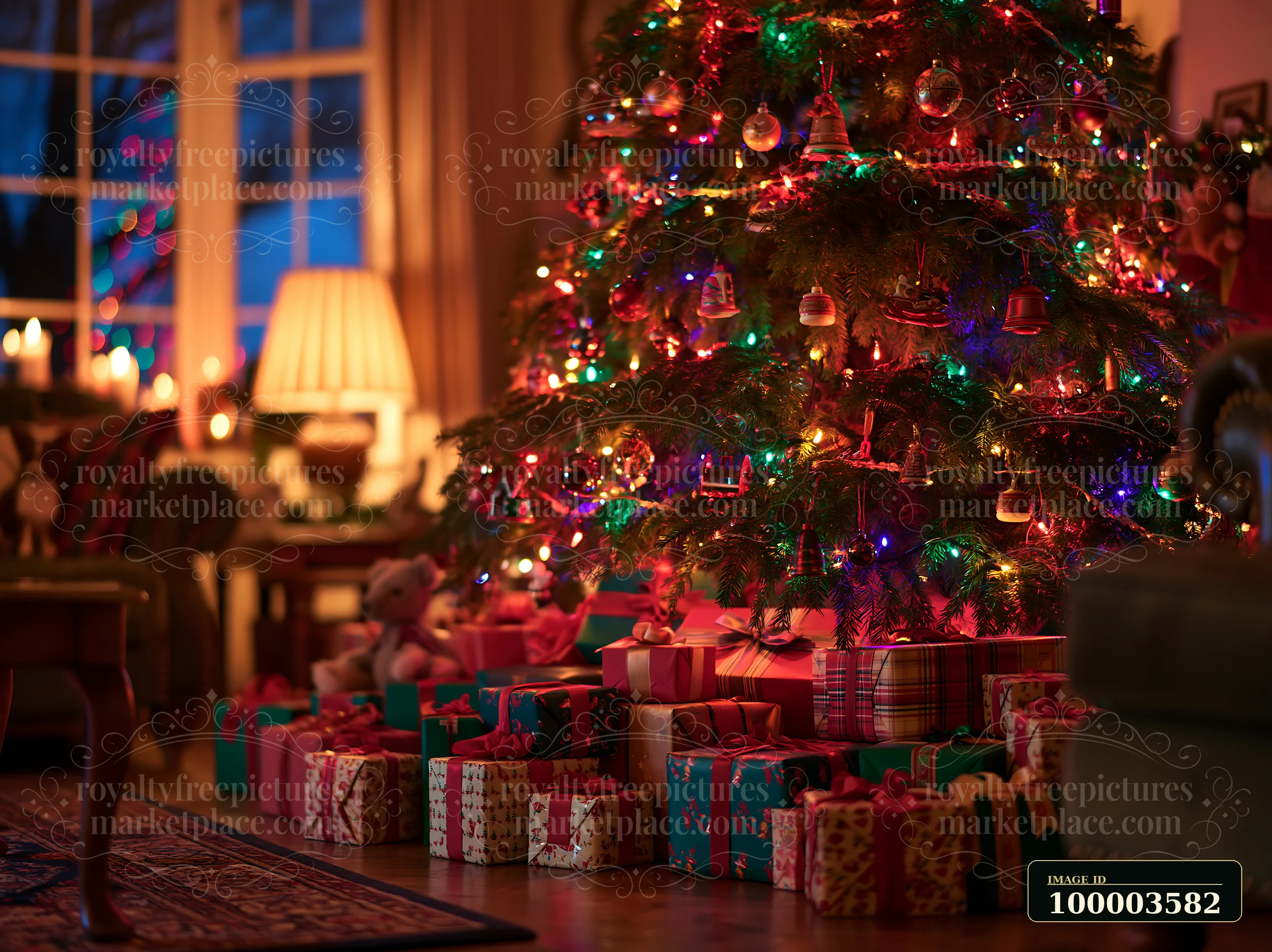 A warm and inviting Christmas living room features a large tree decorated with lights and ornaments.