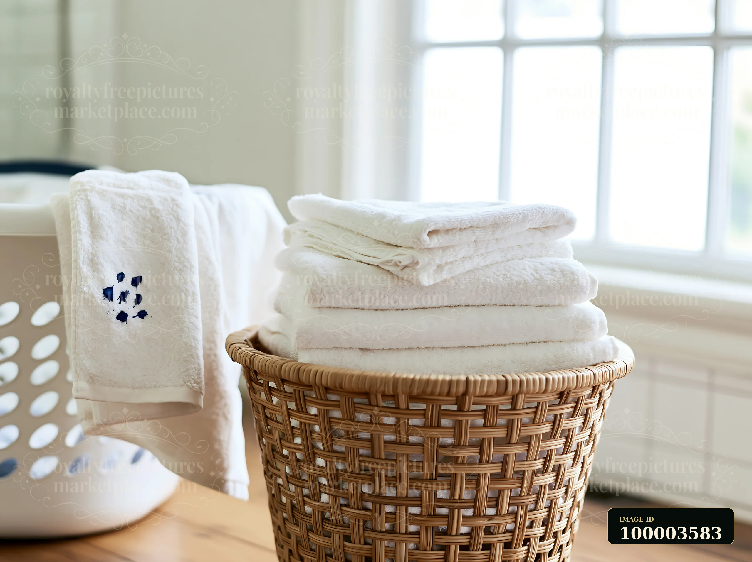 A laundry basket holds neat stacks of white towels, each with accidental ink splashes adding a unique touch.